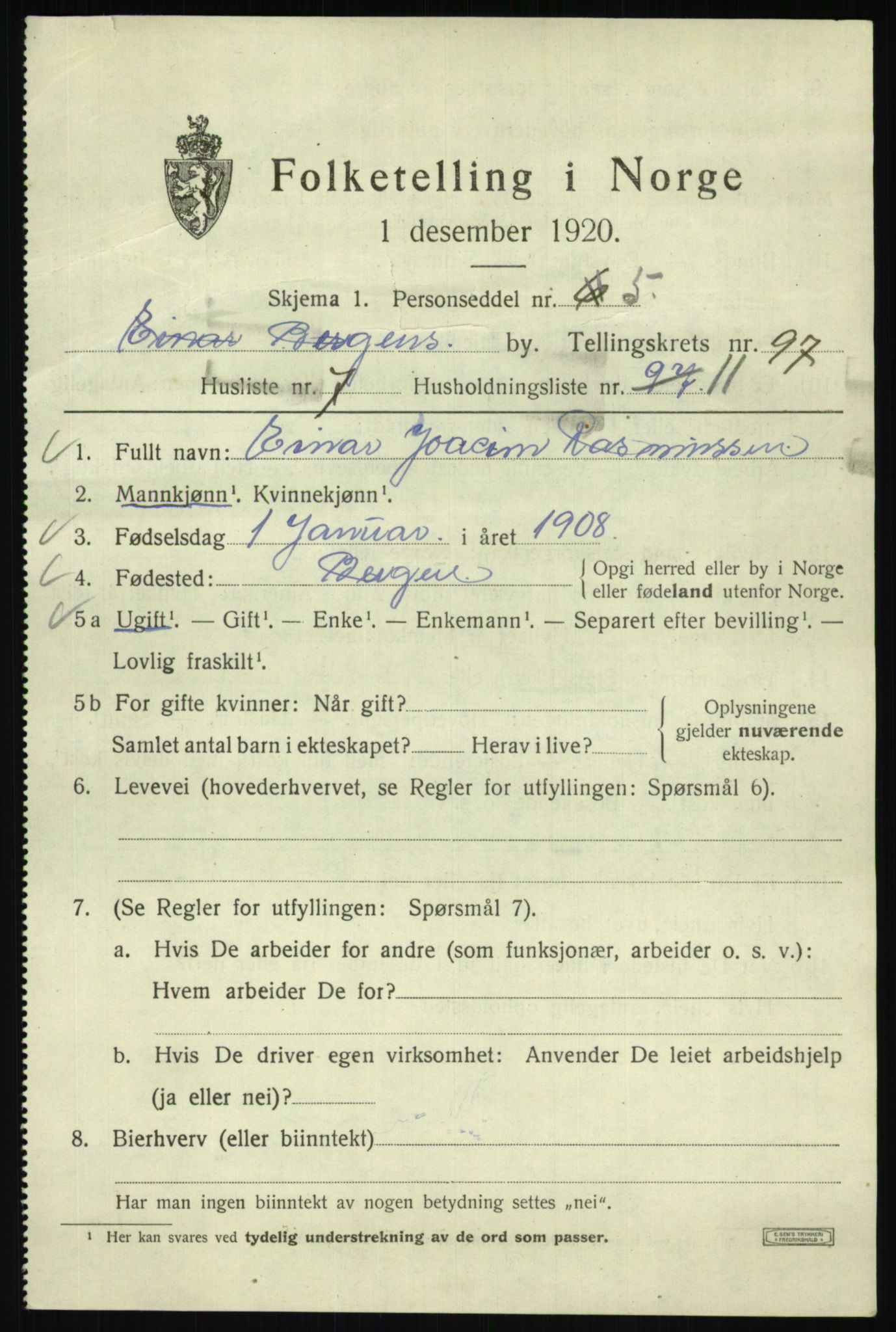 SAB, 1920 census for Bergen, 1920, p. 170993