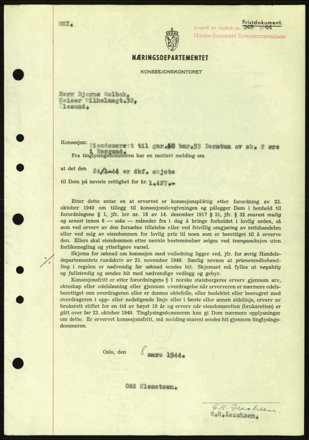 Nordre Sunnmøre sorenskriveri, SAT/A-0006/1/2/2C/2Ca: Mortgage book no. B6-14 a, 1942-1945, Diary no: : 348/1944