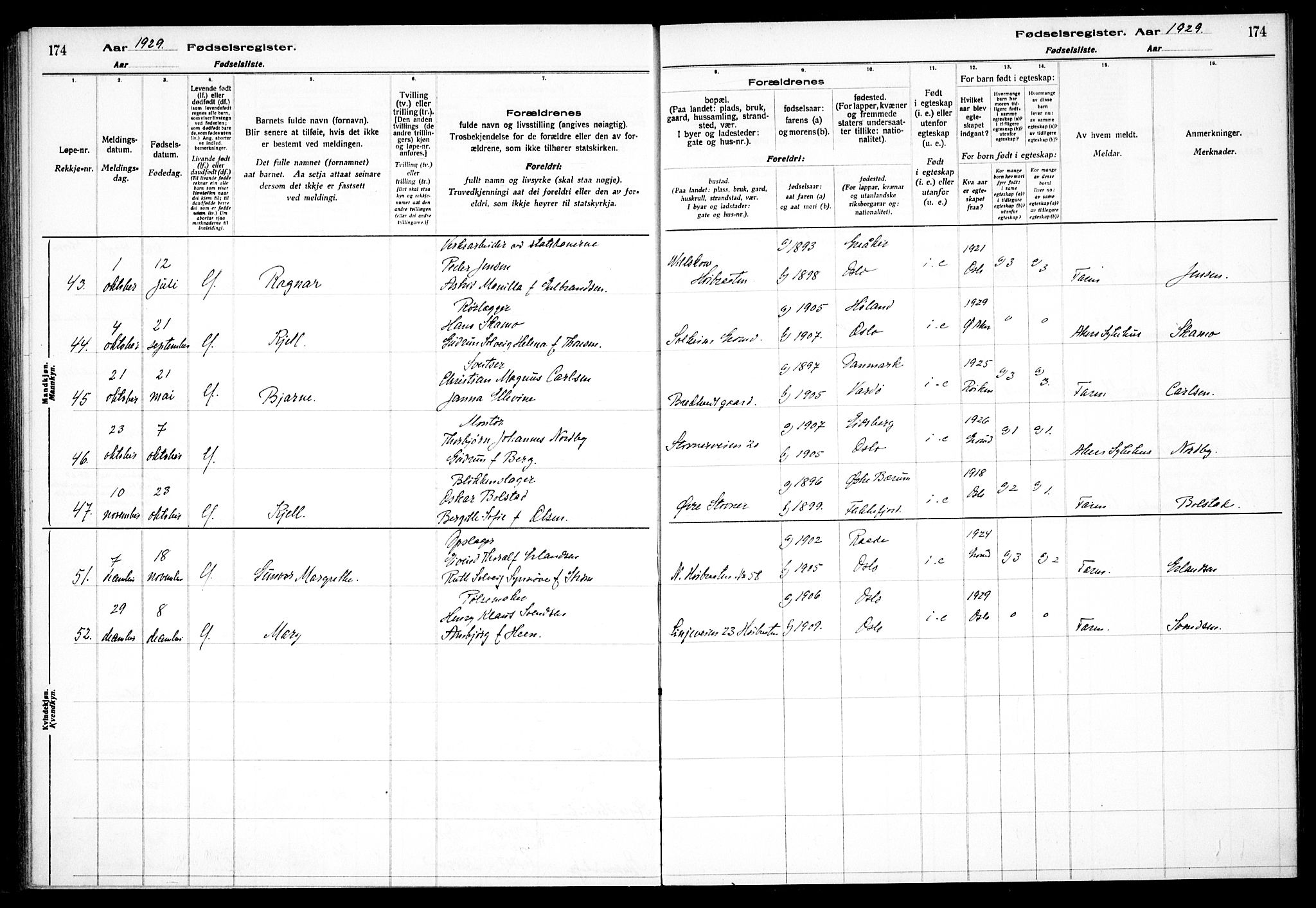 Østre Aker prestekontor Kirkebøker, AV/SAO-A-10840/J/Jb/L0001: Birth register no. II 1, 1916-1932, p. 174