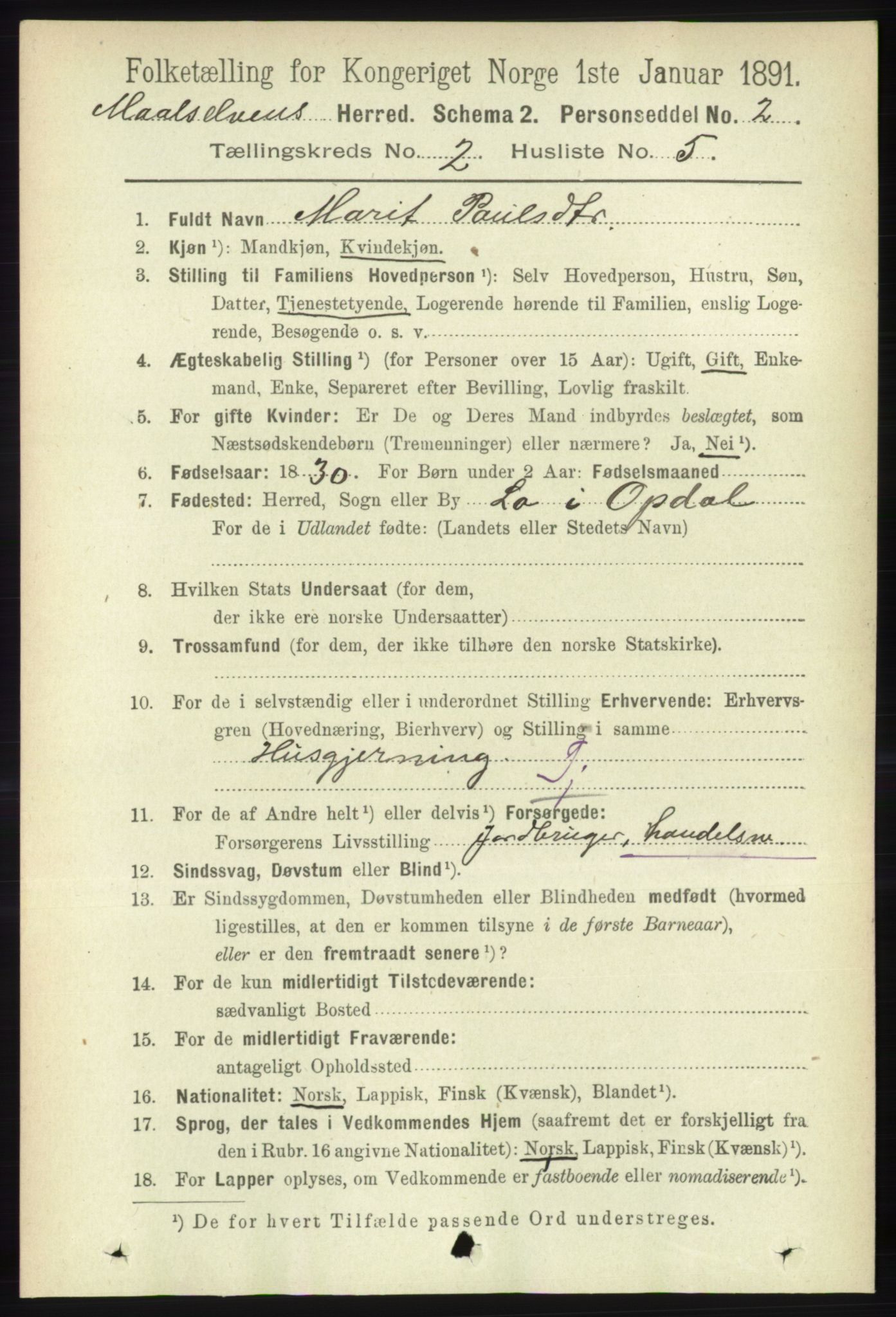 RA, 1891 census for 1924 Målselv, 1891, p. 321