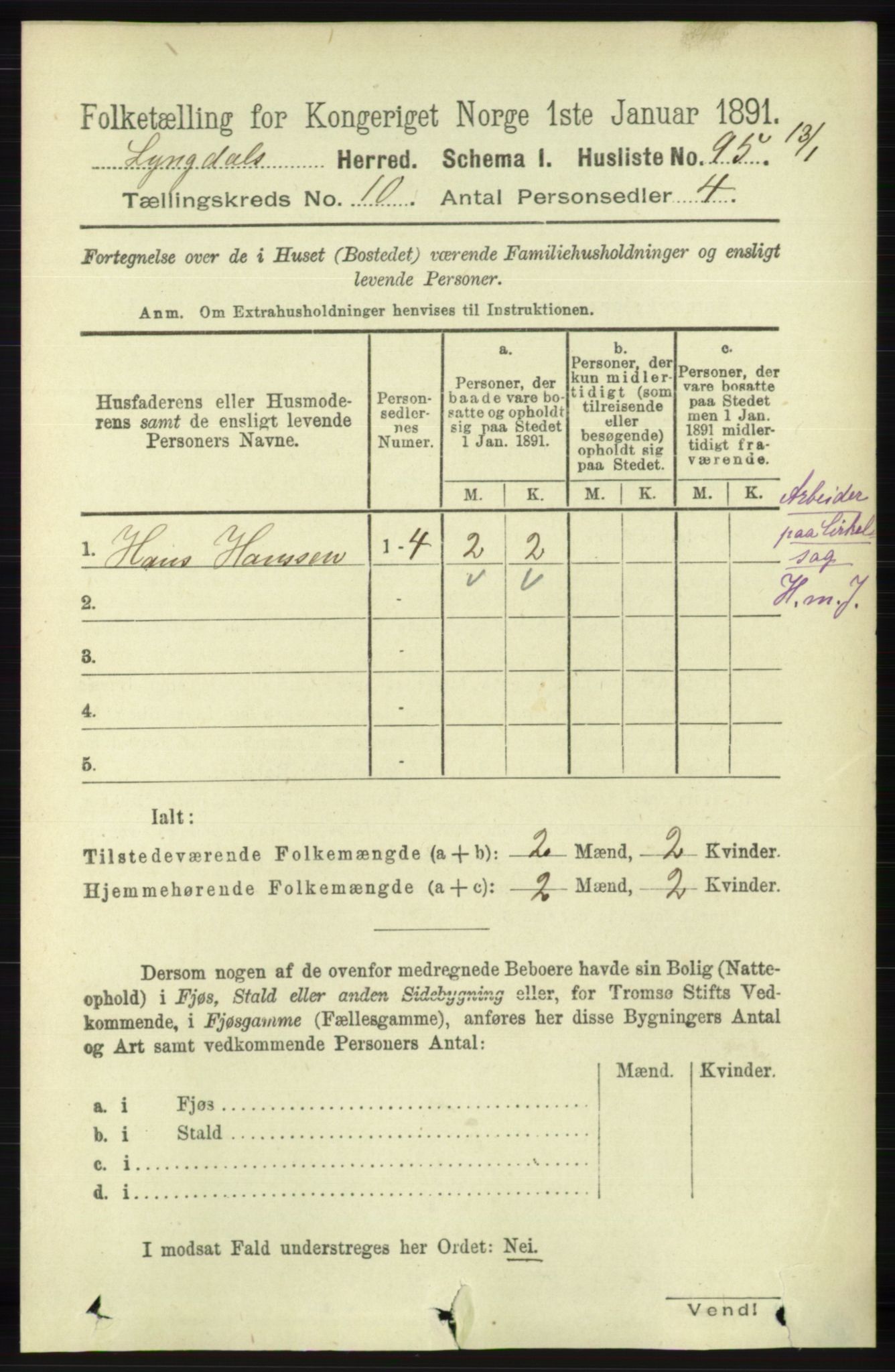 RA, 1891 census for 1032 Lyngdal, 1891, p. 4251