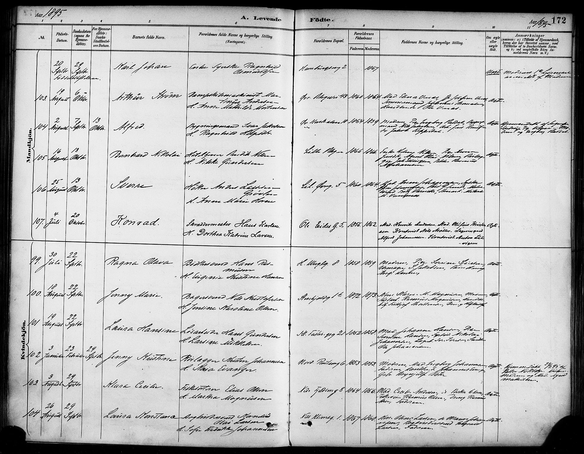 Korskirken sokneprestembete, AV/SAB-A-76101/H/Haa/L0022: Parish register (official) no. B 8, 1889-1899, p. 172