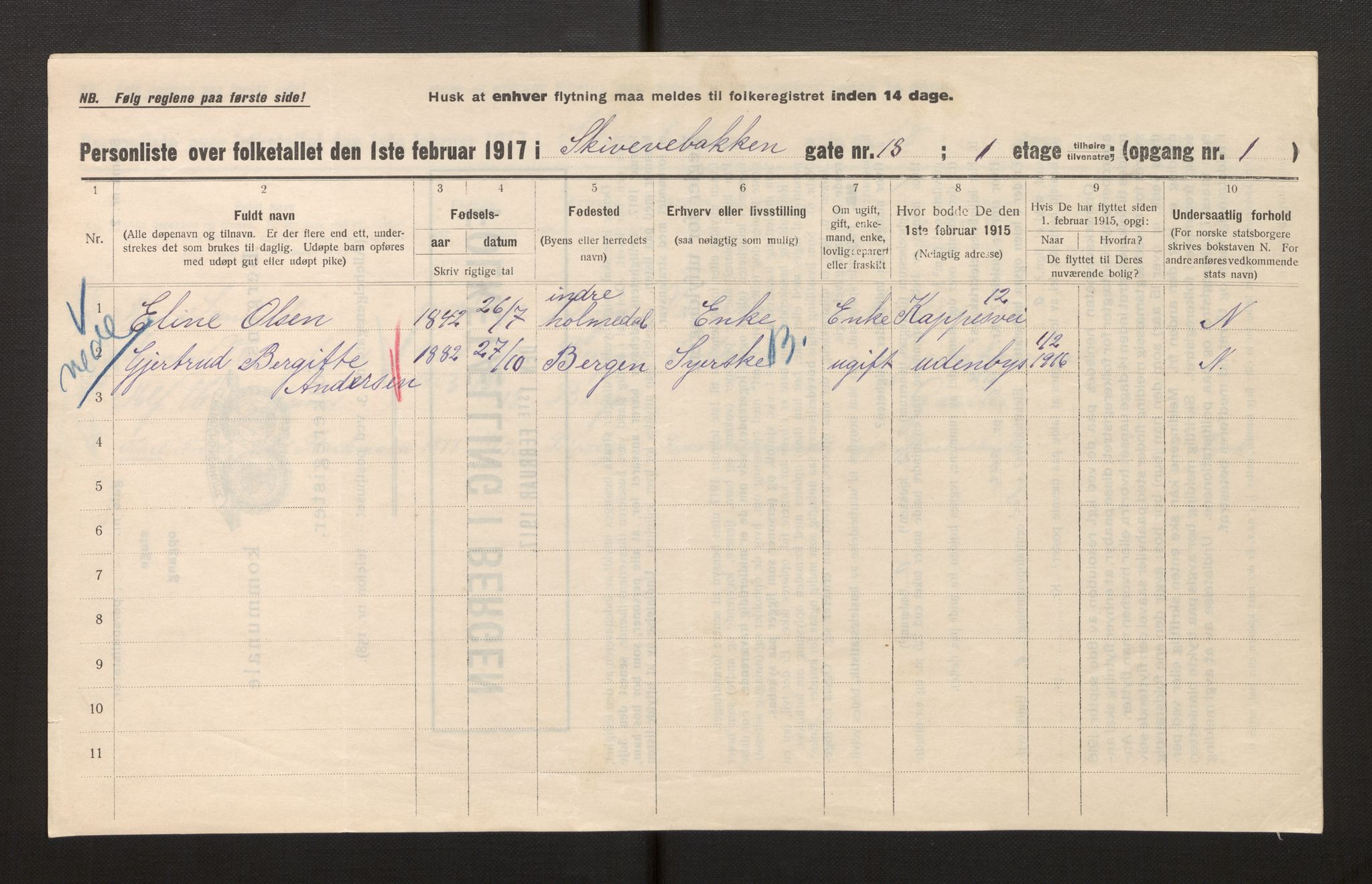 SAB, Municipal Census 1917 for Bergen, 1917, p. 34737