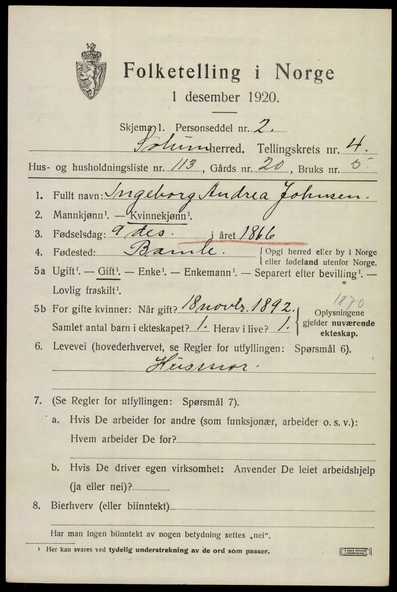 SAKO, 1920 census for Solum, 1920, p. 10692