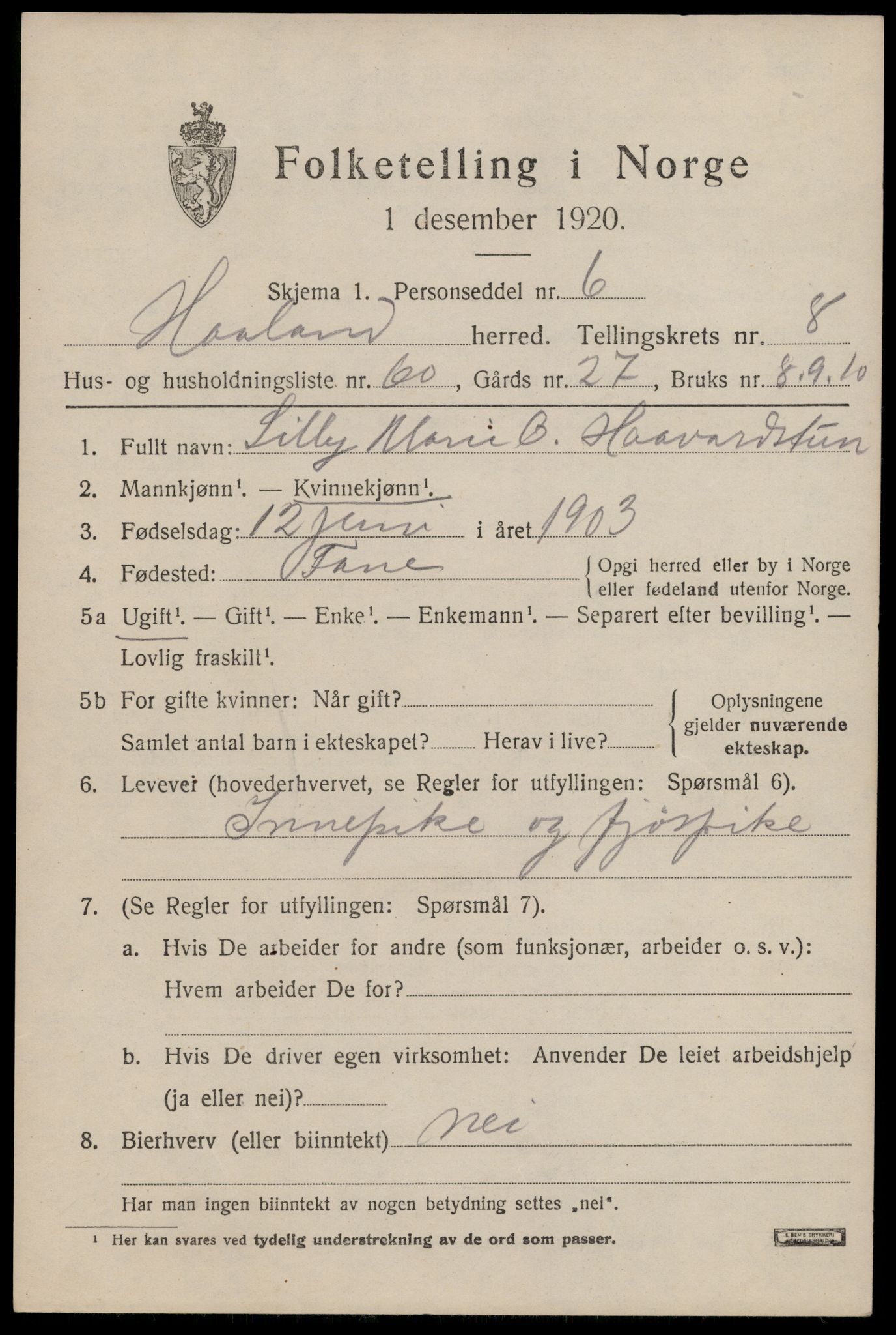 SAST, 1920 census for Håland, 1920, p. 7017