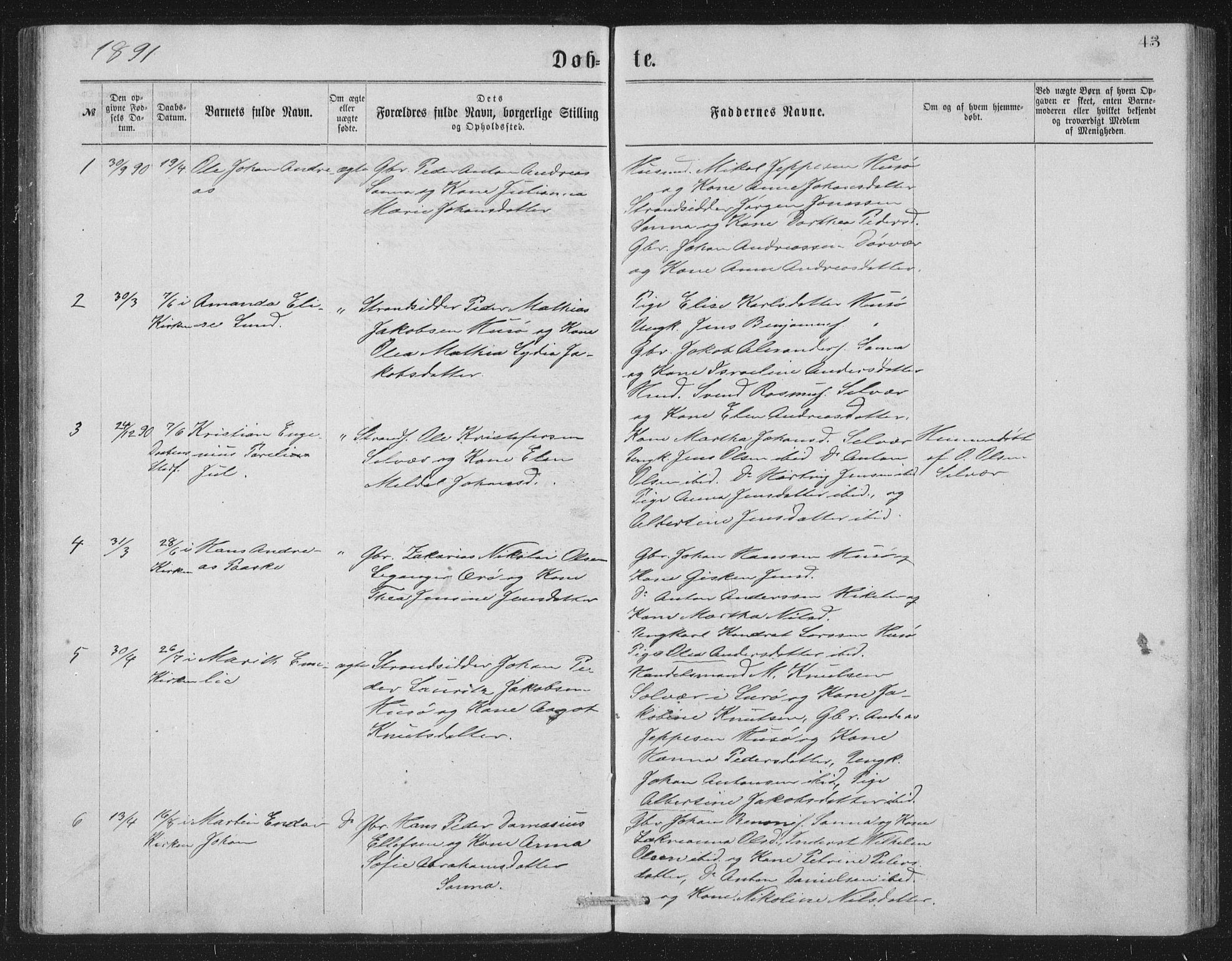 Ministerialprotokoller, klokkerbøker og fødselsregistre - Nordland, AV/SAT-A-1459/840/L0582: Parish register (copy) no. 840C02, 1874-1900, p. 43