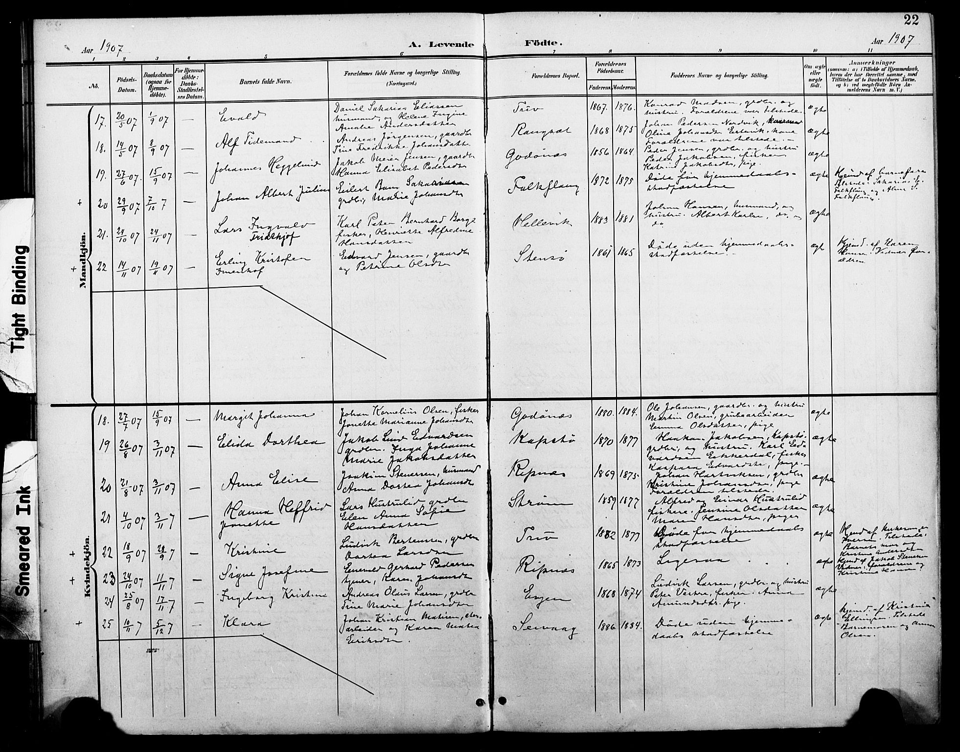 Ministerialprotokoller, klokkerbøker og fødselsregistre - Nordland, AV/SAT-A-1459/804/L0088: Parish register (copy) no. 804C01, 1901-1917, p. 22