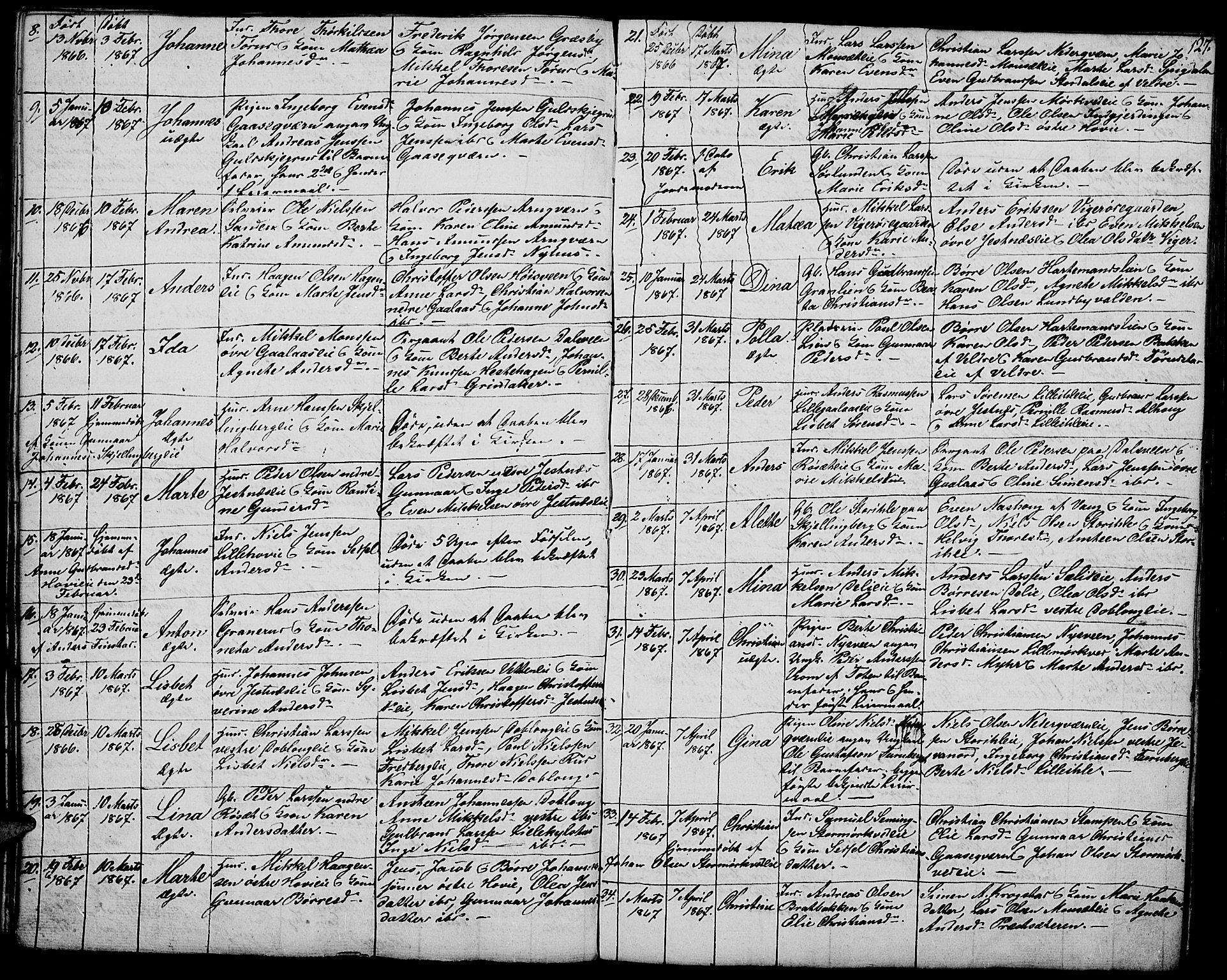 Vang prestekontor, Hedmark, AV/SAH-PREST-008/H/Ha/Hab/L0009: Parish register (copy) no. 9, 1836-1870, p. 127