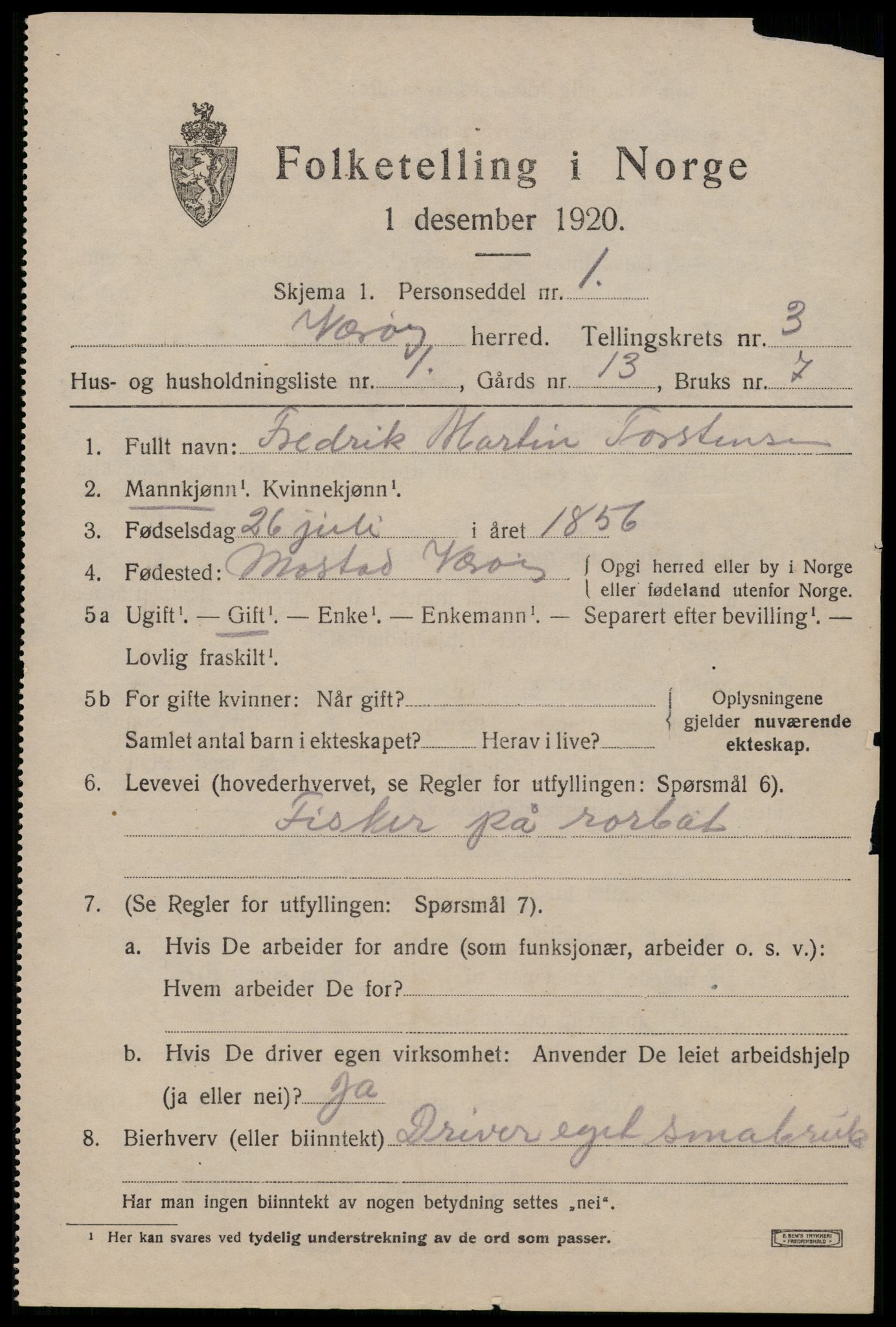 SAT, 1920 census for Værøy, 1920, p. 2227