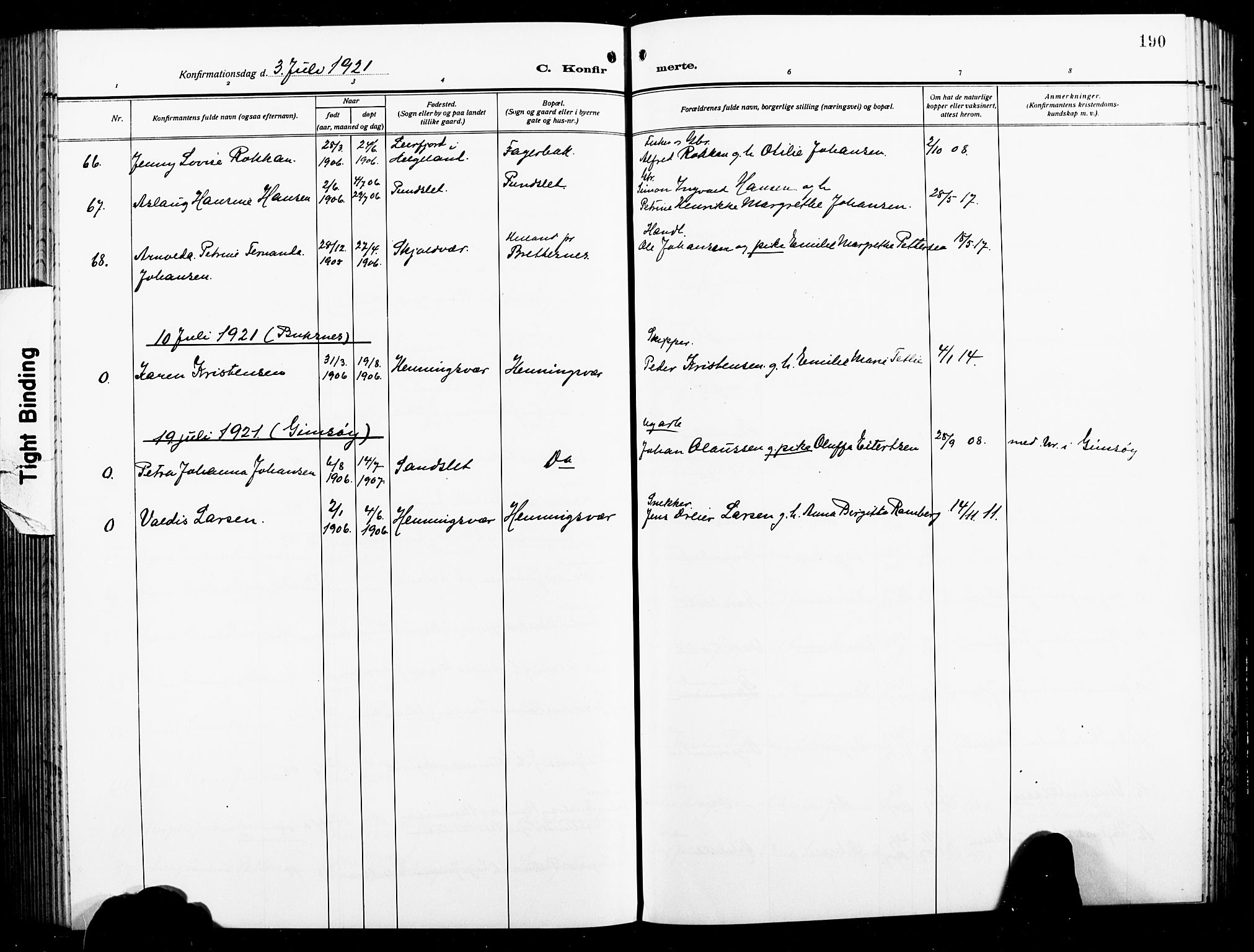 Ministerialprotokoller, klokkerbøker og fødselsregistre - Nordland, AV/SAT-A-1459/874/L1080: Parish register (copy) no. 874C09, 1915-1925, p. 190