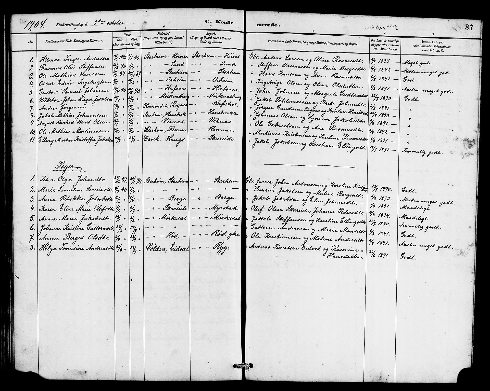 Eid sokneprestembete, SAB/A-82301/H/Hab/Habc/L0002: Parish register (copy) no. C 2, 1887-1906, p. 87