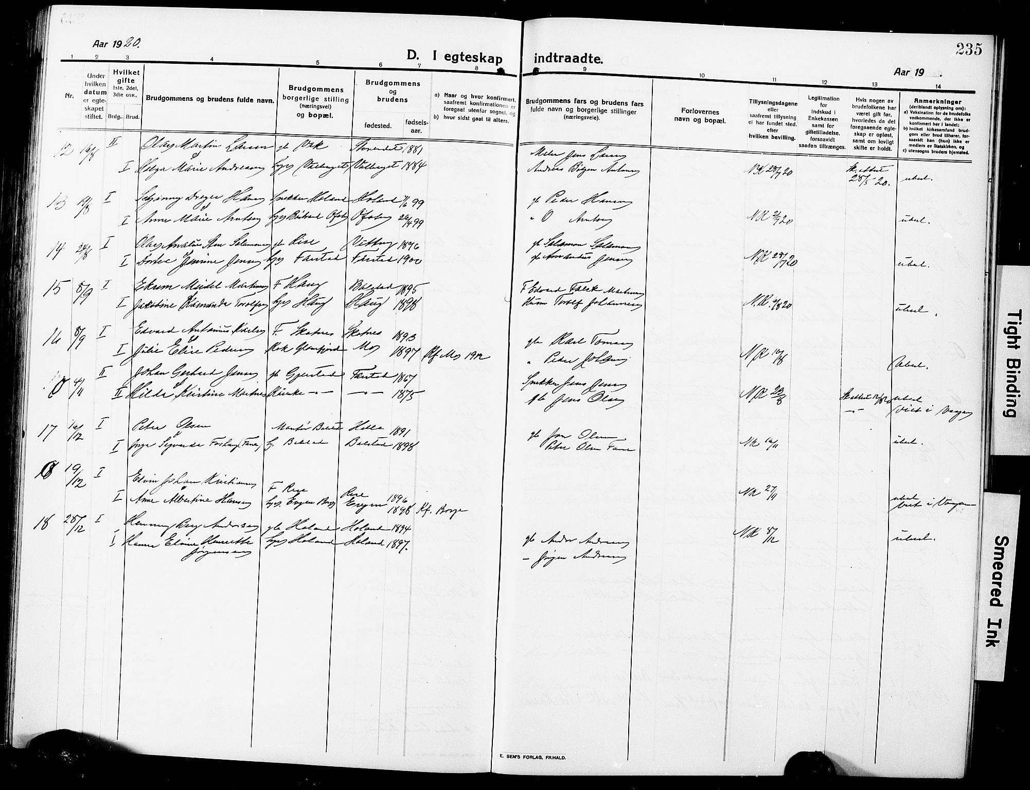 Ministerialprotokoller, klokkerbøker og fødselsregistre - Nordland, AV/SAT-A-1459/881/L1169: Parish register (copy) no. 881C06, 1912-1930, p. 235