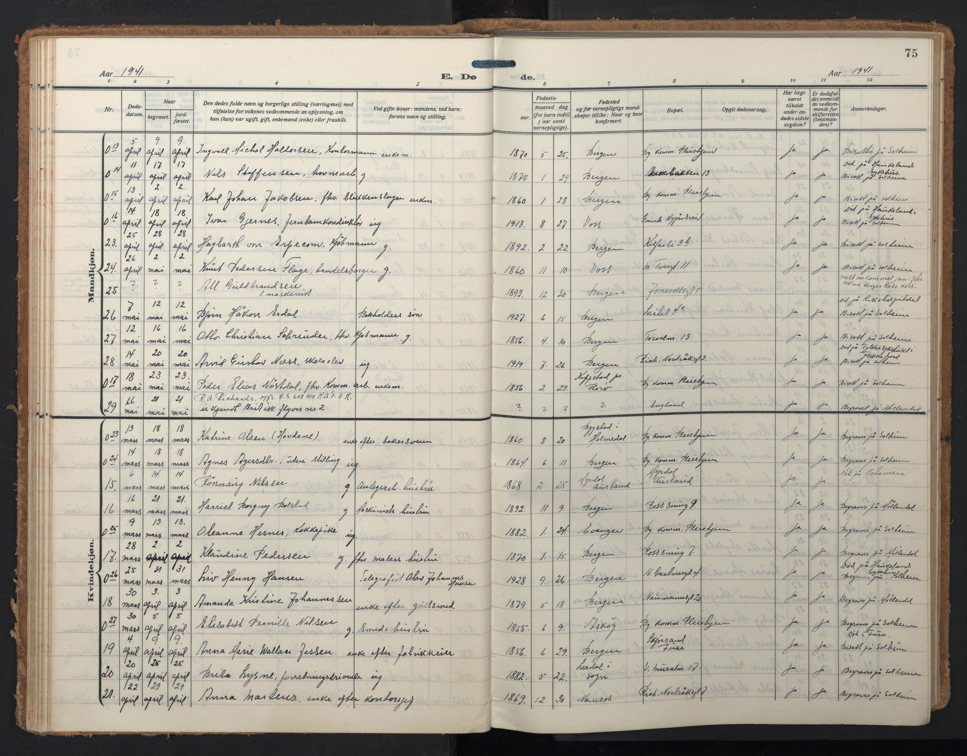 Domkirken sokneprestembete, AV/SAB-A-74801/H/Hab/L0043: Parish register (copy) no. E 7, 1929-1965, p. 74b-75a