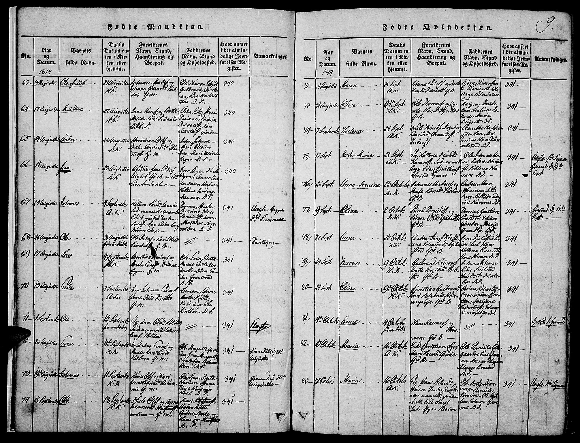 Toten prestekontor, AV/SAH-PREST-102/H/Ha/Haa/L0009: Parish register (official) no. 9, 1814-1820, p. 9