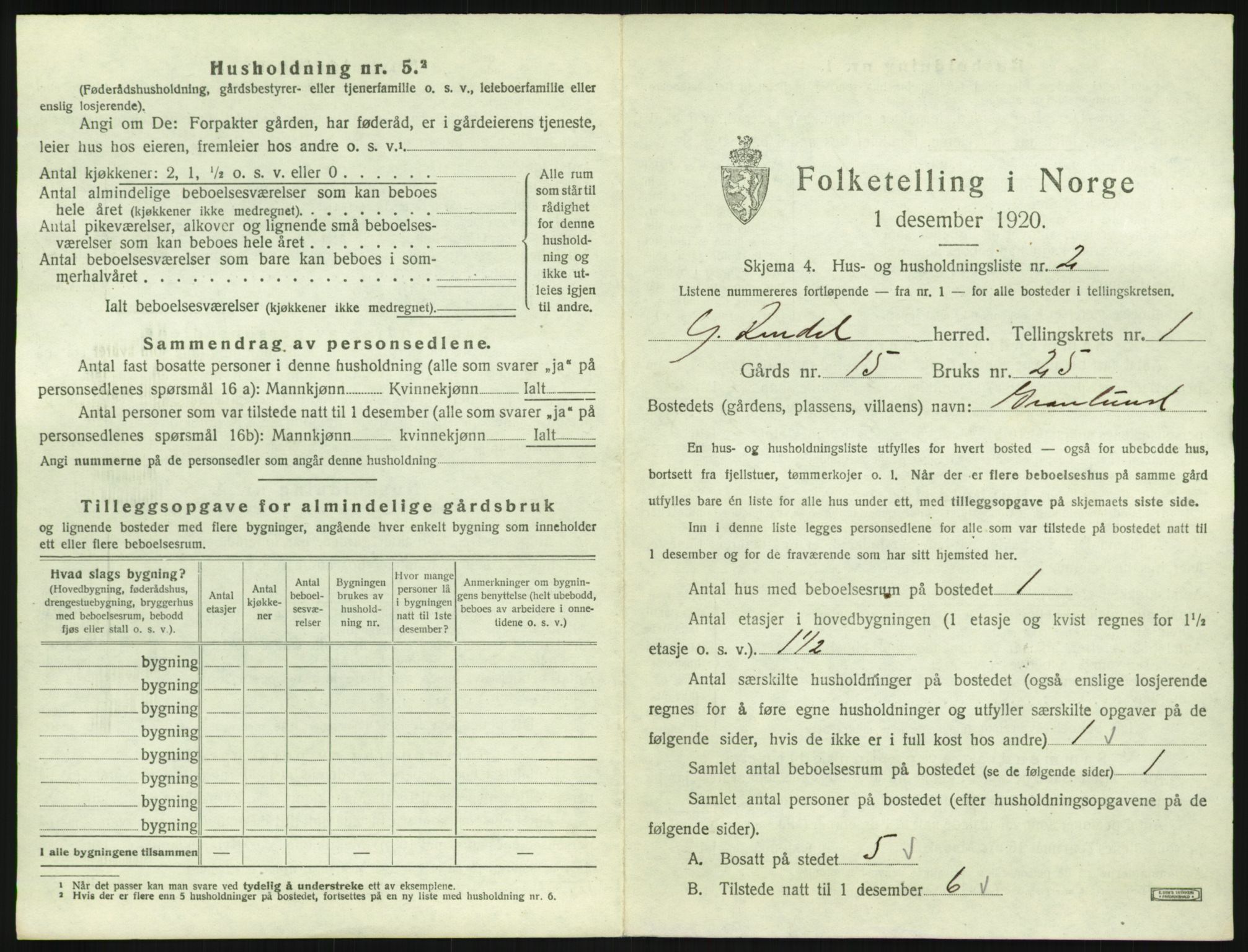 SAH, 1920 census for Ytre Rendal, 1920, p. 43