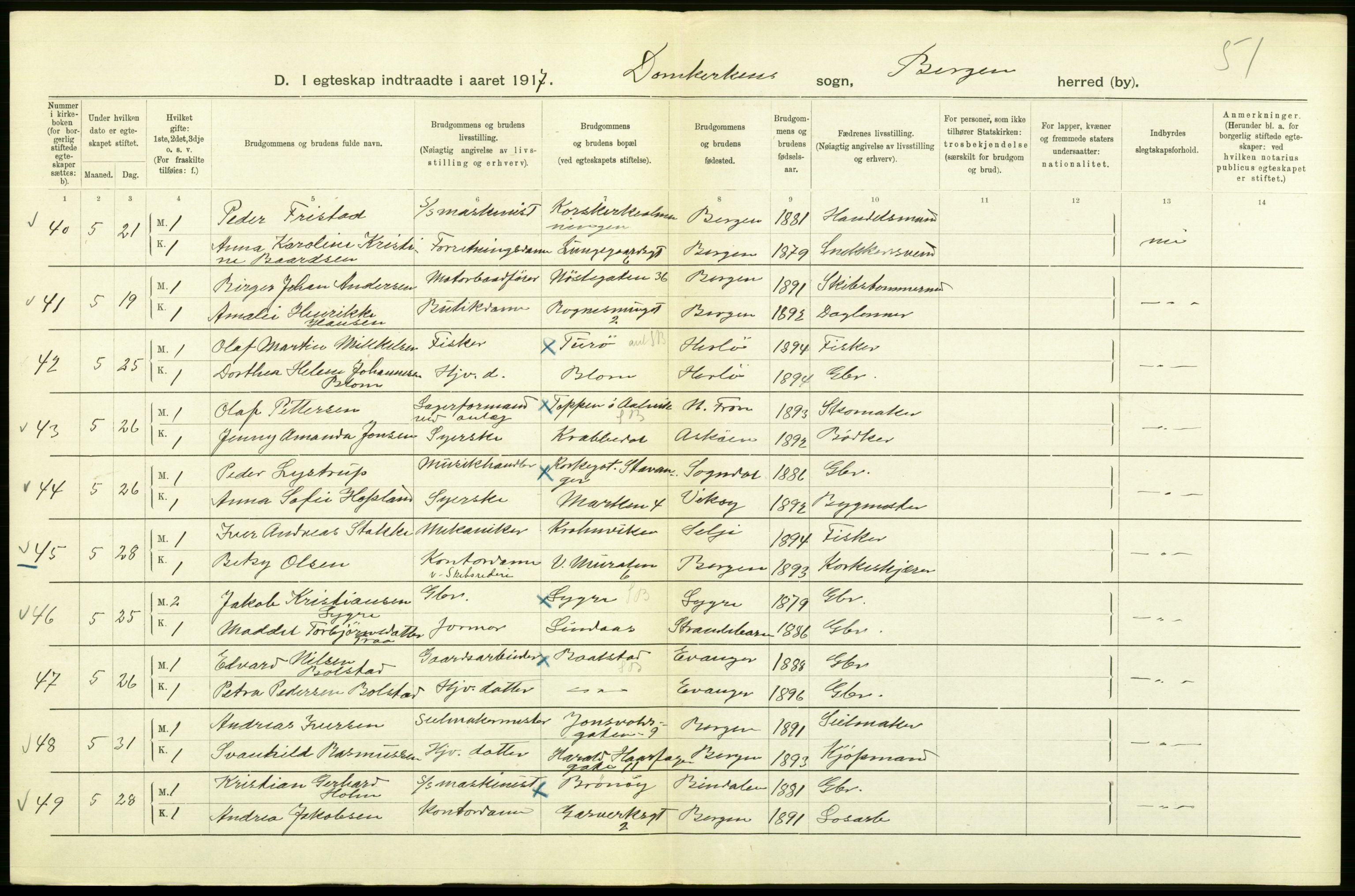 Statistisk sentralbyrå, Sosiodemografiske emner, Befolkning, AV/RA-S-2228/D/Df/Dfb/Dfbg/L0038: Bergen: Gifte, døde, dødfødte., 1917, p. 14