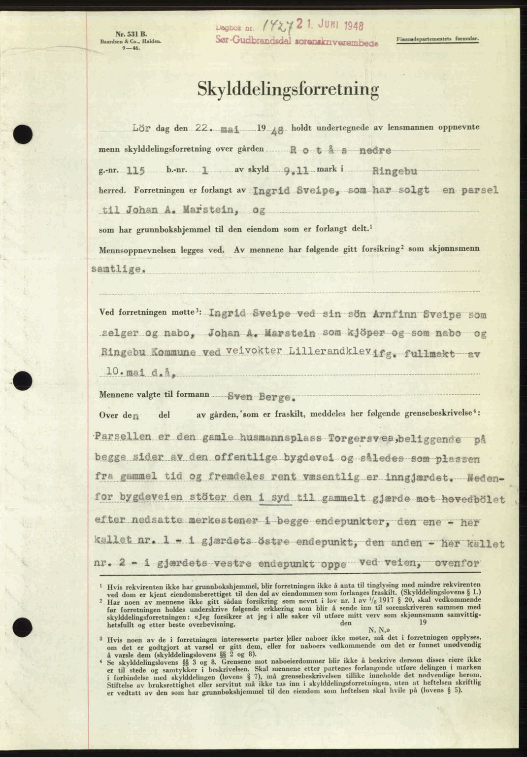 Sør-Gudbrandsdal tingrett, SAH/TING-004/H/Hb/Hbd/L0022: Mortgage book no. A22, 1948-1948, Diary no: : 1427/1948