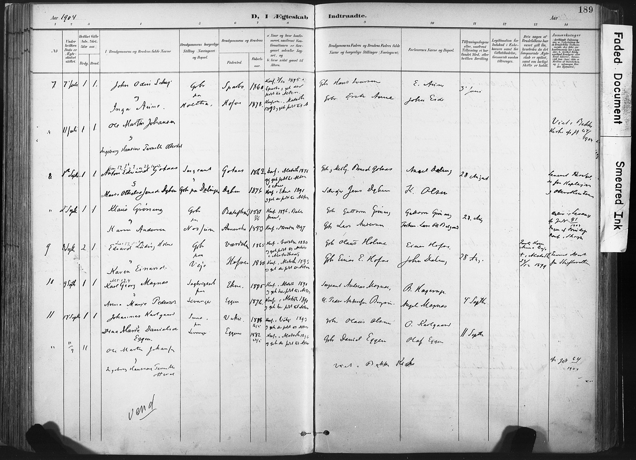 Ministerialprotokoller, klokkerbøker og fødselsregistre - Nord-Trøndelag, AV/SAT-A-1458/717/L0162: Parish register (official) no. 717A12, 1898-1923, p. 189