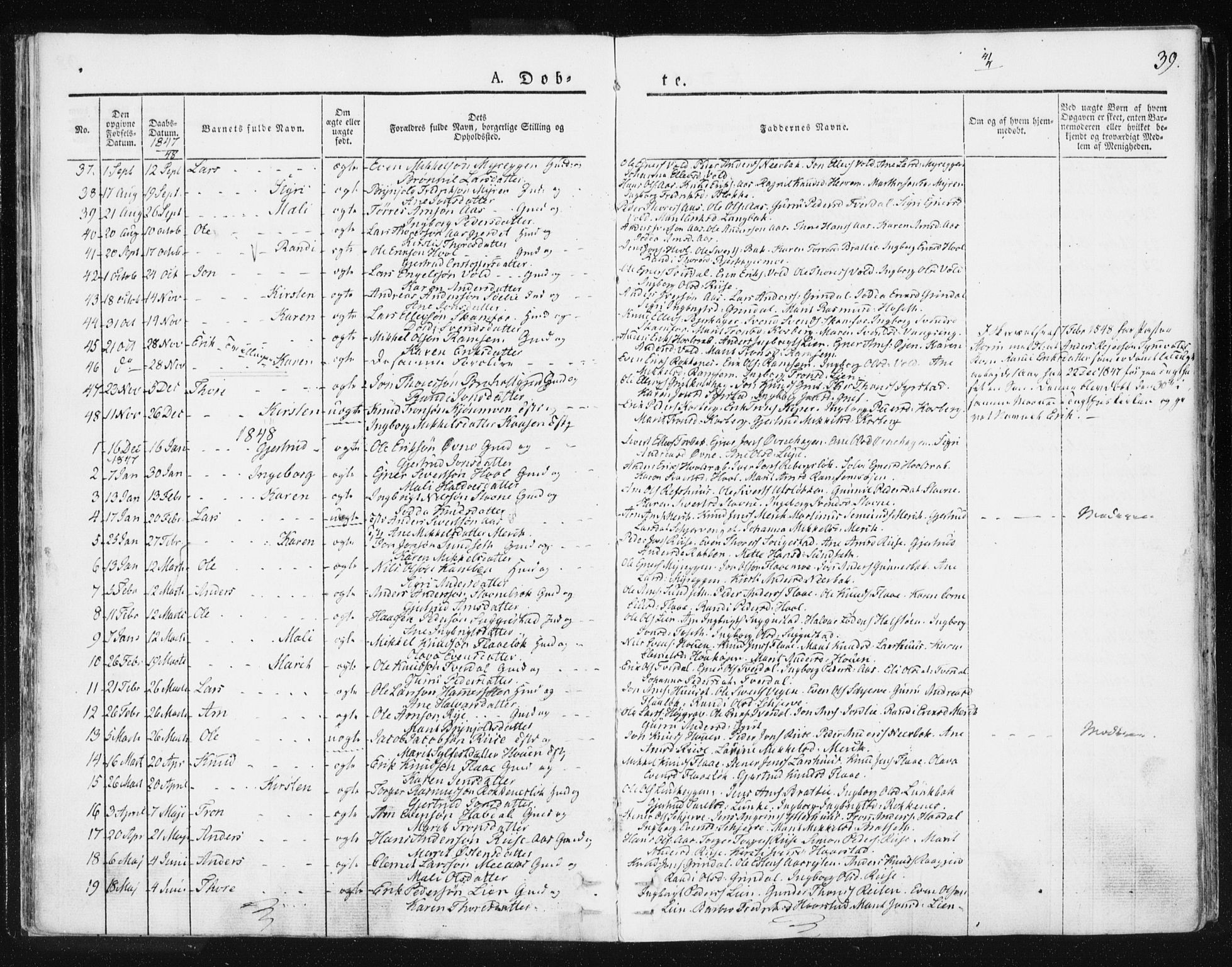 Ministerialprotokoller, klokkerbøker og fødselsregistre - Sør-Trøndelag, SAT/A-1456/674/L0869: Parish register (official) no. 674A01, 1829-1860, p. 39