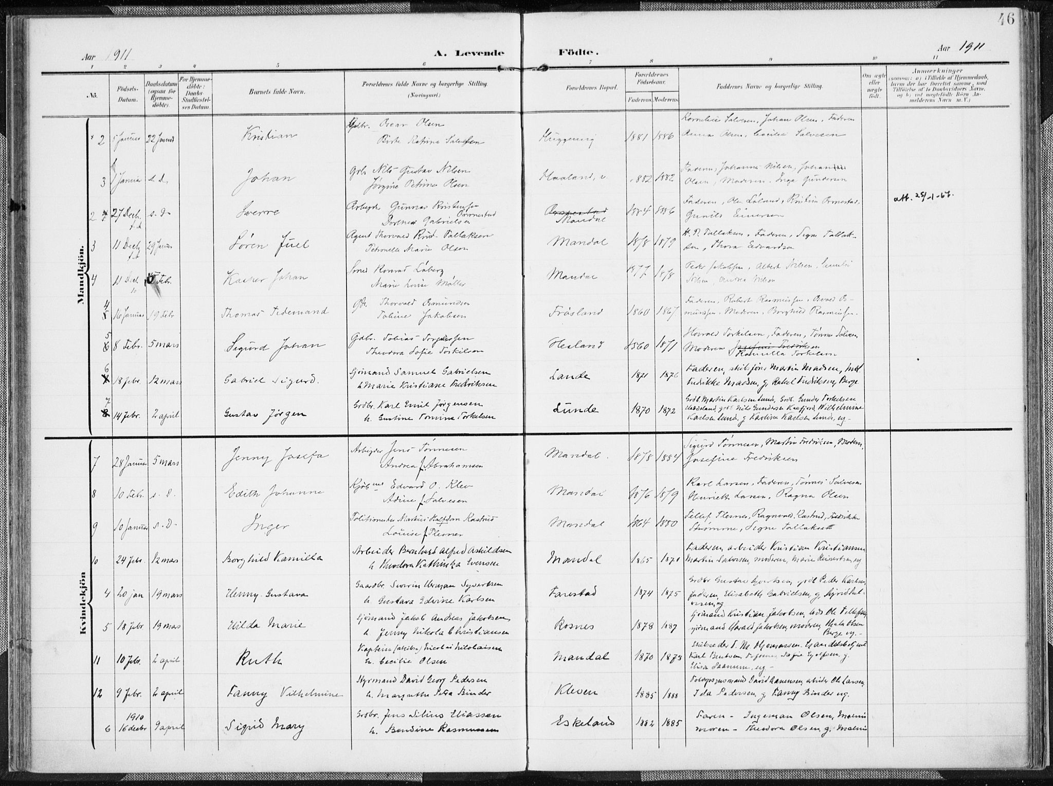 Mandal sokneprestkontor, AV/SAK-1111-0030/F/Fa/Faa/L0020: Parish register (official) no. A 20, 1906-1912, p. 46