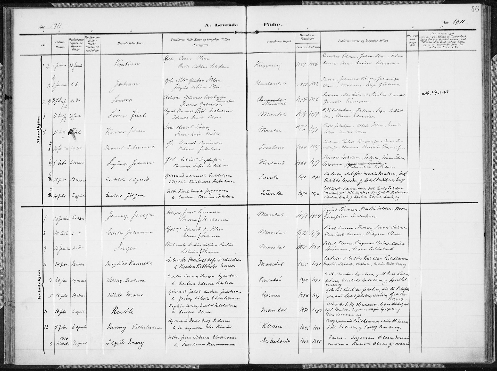 Mandal sokneprestkontor, AV/SAK-1111-0030/F/Fa/Faa/L0020: Parish register (official) no. A 20, 1906-1912, p. 46