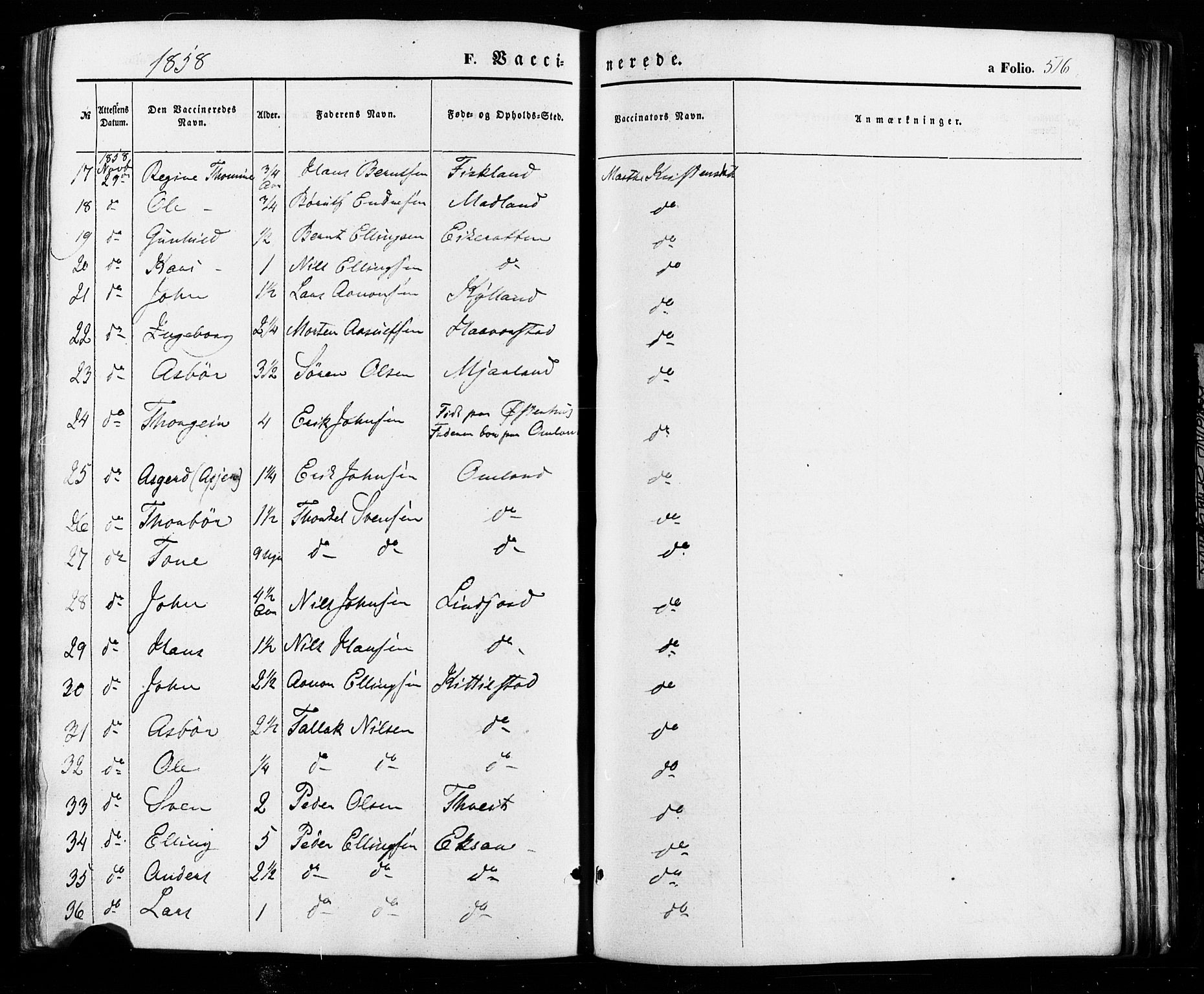 Åseral sokneprestkontor, AV/SAK-1111-0051/F/Fa/L0002: Parish register (official) no. A 2, 1854-1884, p. 516