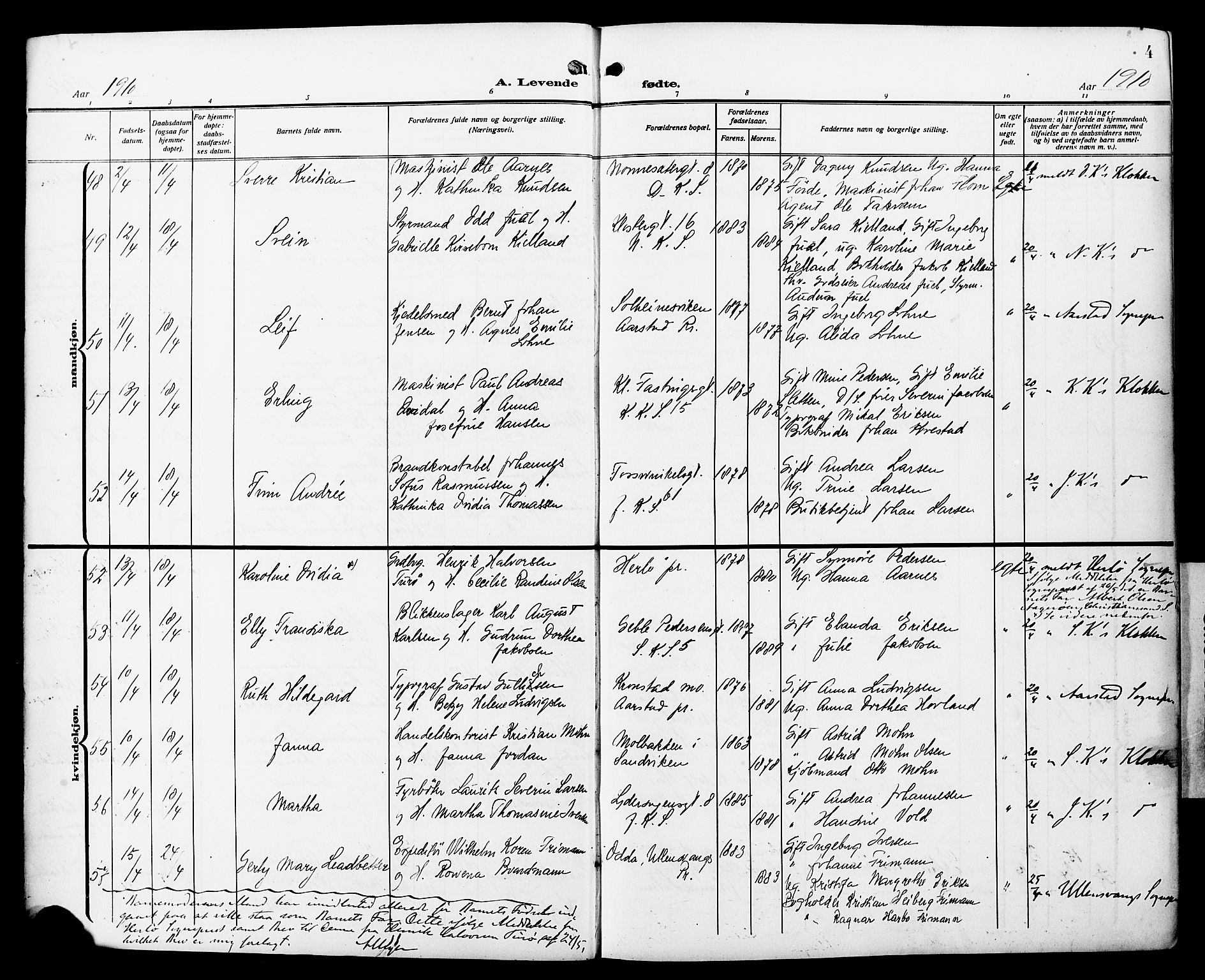 Fødselsstiftelsens sokneprestembete*, SAB/-: Parish register (official) no. A 4, 1910-1918, p. 4