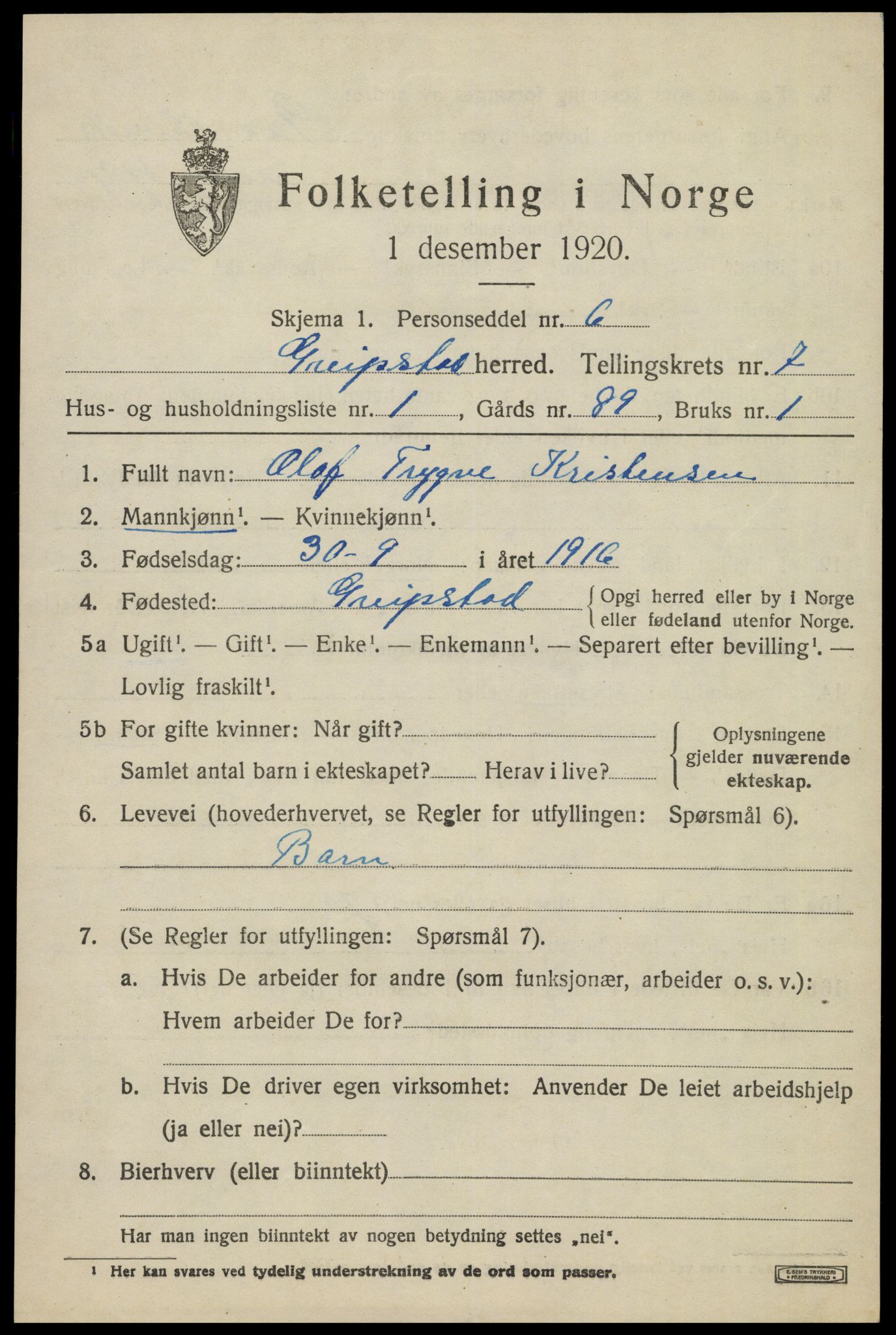 SAK, 1920 census for Greipstad, 1920, p. 2116