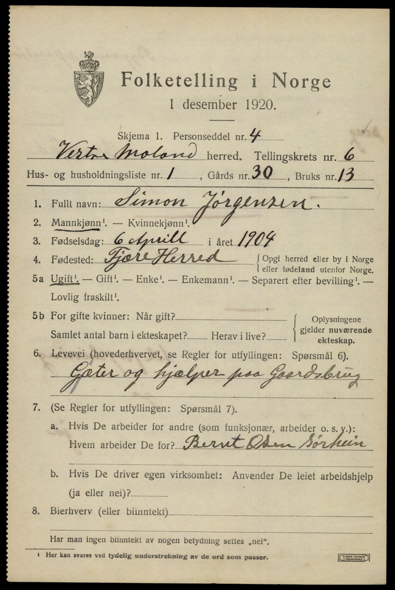 SAK, 1920 census for Vestre Moland, 1920, p. 4611