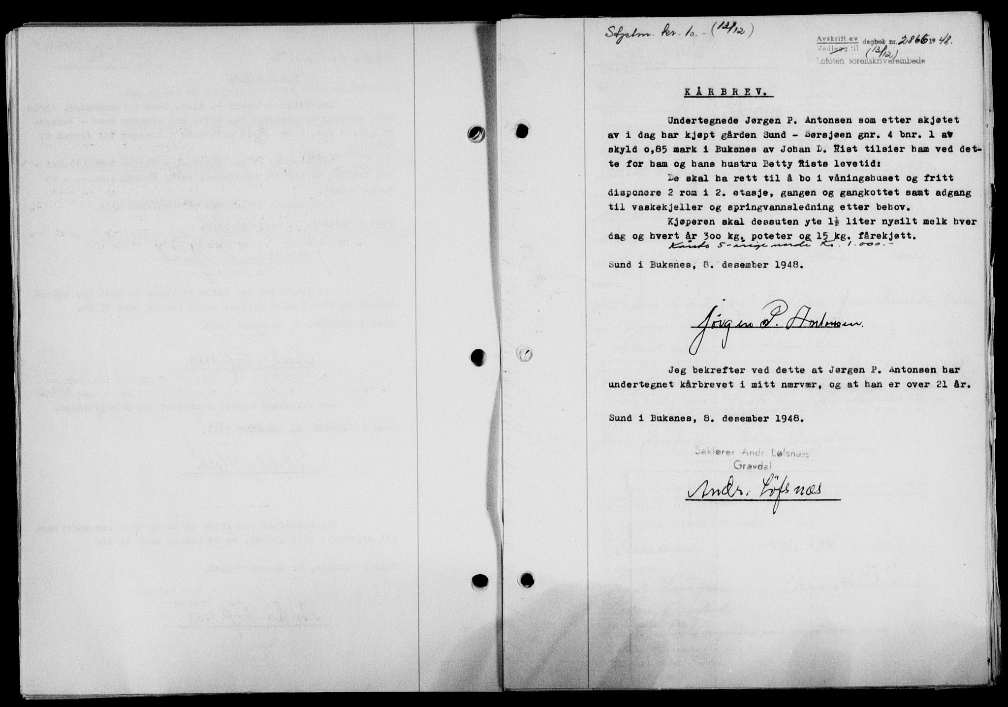Lofoten sorenskriveri, SAT/A-0017/1/2/2C/L0020a: Mortgage book no. 20a, 1948-1949, Diary no: : 2866/1948