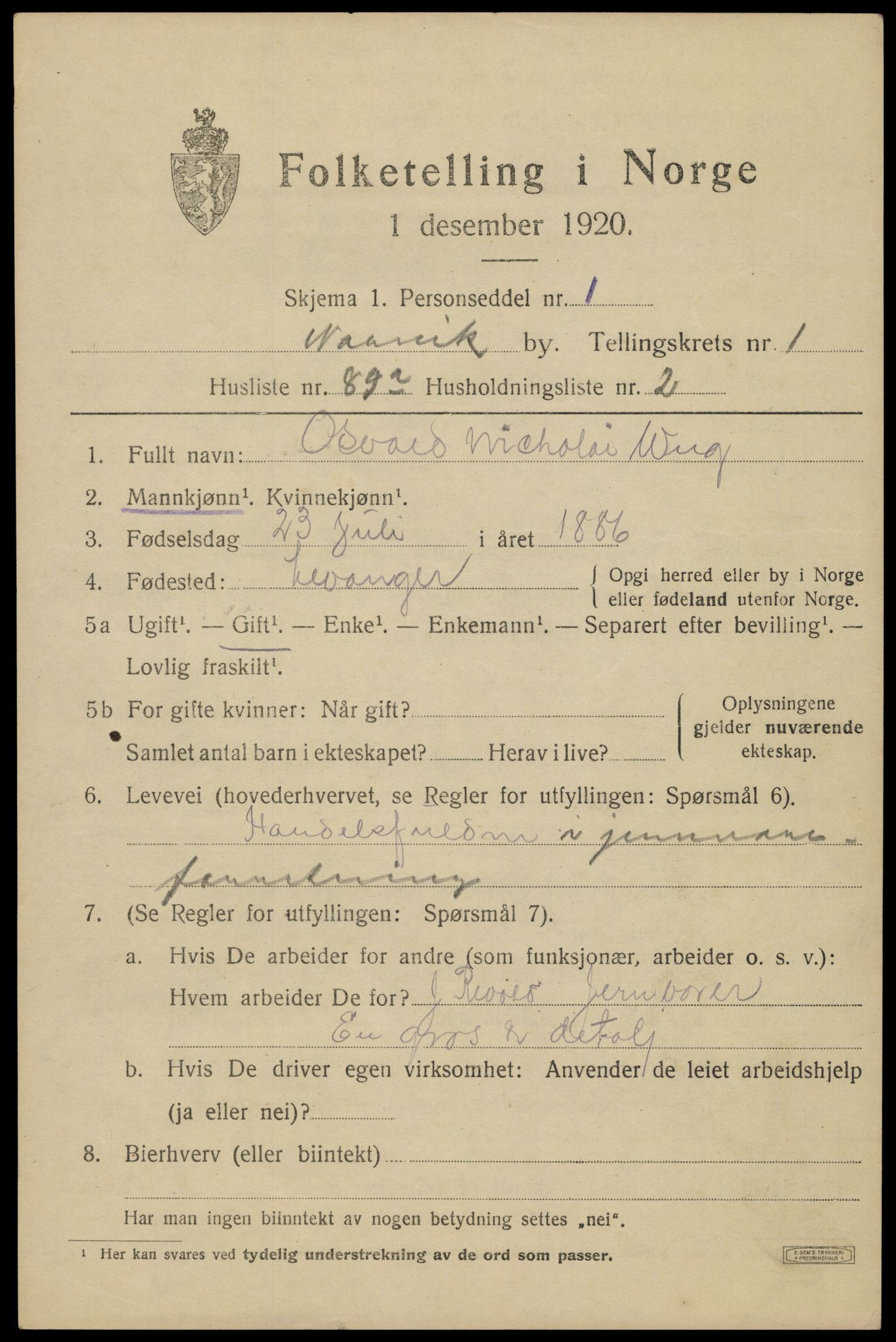 SAT, 1920 census for Narvik, 1920, p. 5794