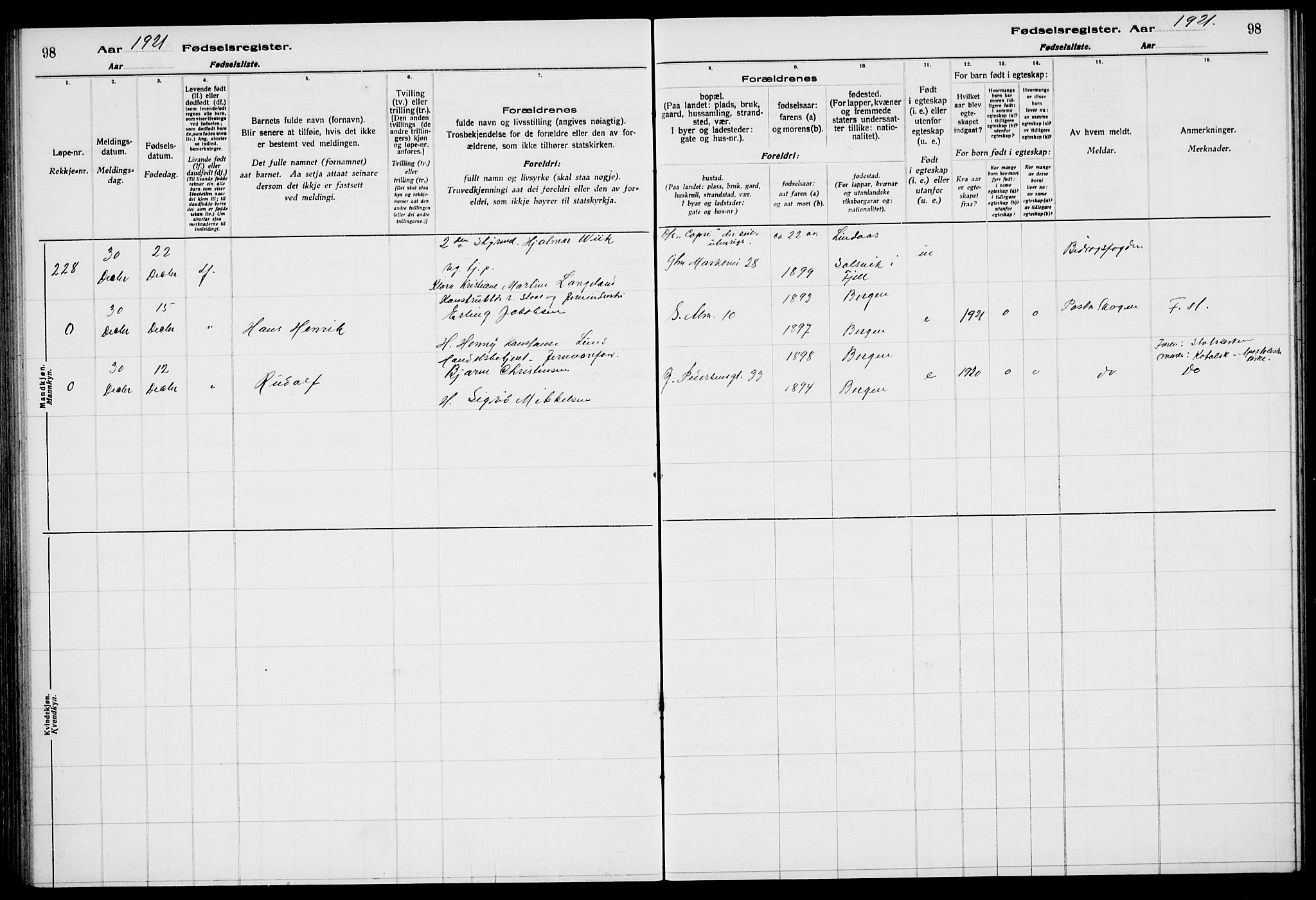 Sandviken Sokneprestembete, AV/SAB-A-77601/I/Ib/L00A2: Birth register no. A 2, 1920-1923, p. 98