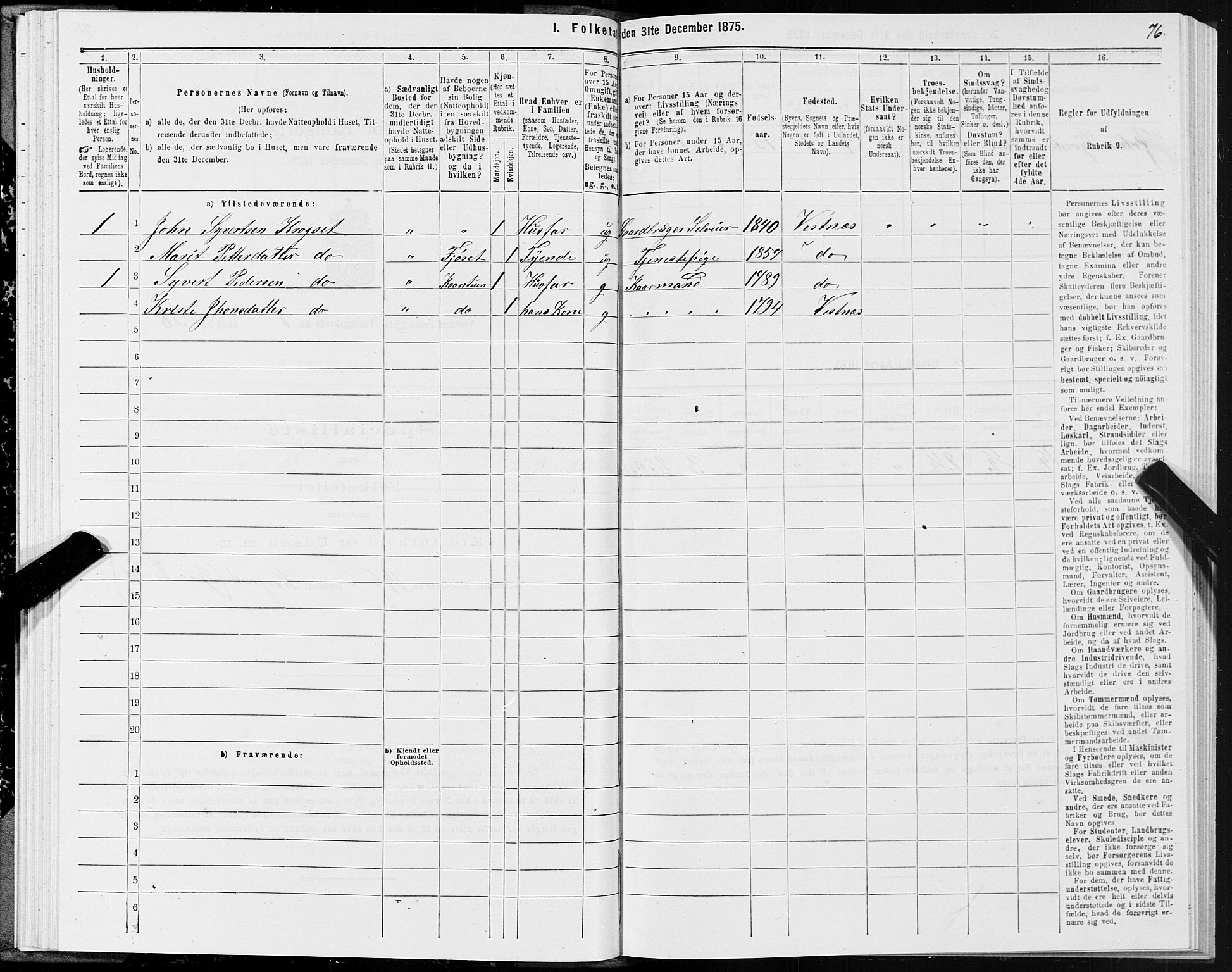 SAT, 1875 census for 1535P Vestnes, 1875, p. 1076