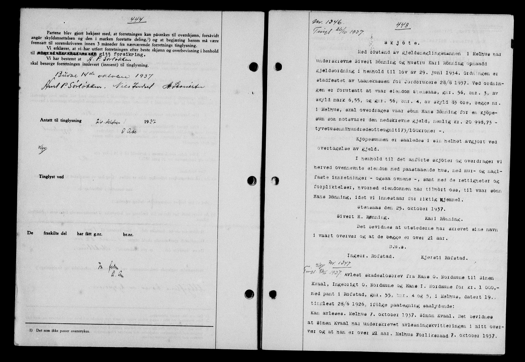 Gauldal sorenskriveri, SAT/A-0014/1/2/2C/L0047: Mortgage book no. 50-51, 1937-1937, Diary no: : 1346/1937