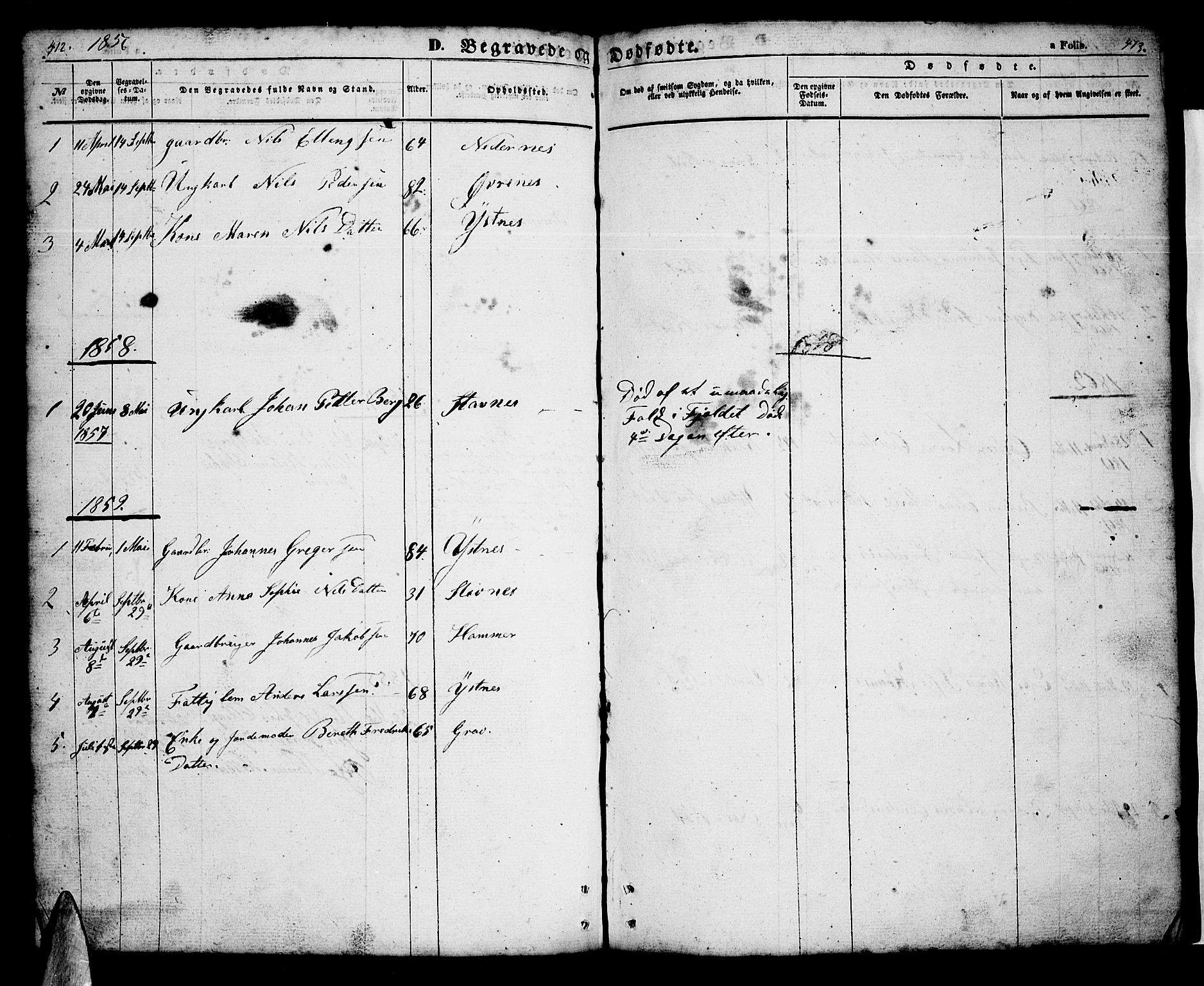 Ministerialprotokoller, klokkerbøker og fødselsregistre - Nordland, AV/SAT-A-1459/808/L0130: Parish register (copy) no. 808C01, 1851-1878, p. 412-413