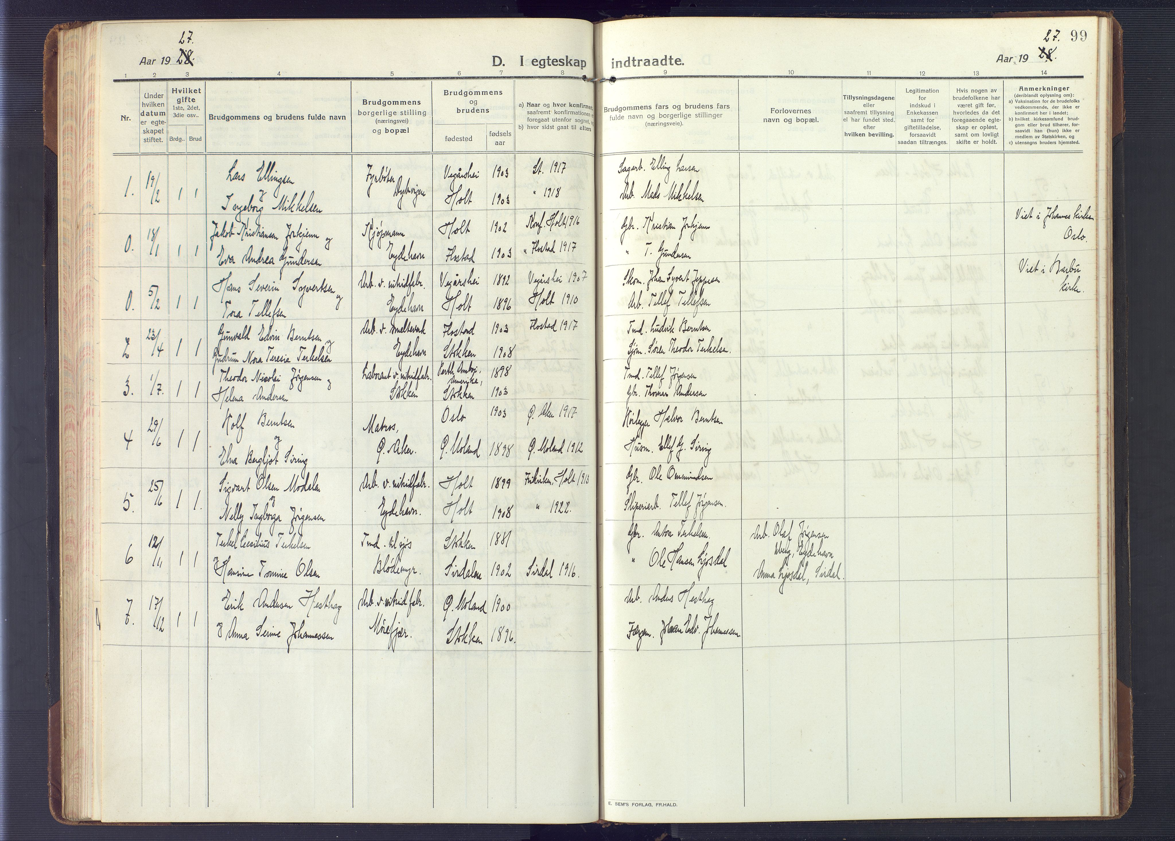Austre Moland sokneprestkontor, SAK/1111-0001/F/Fb/Fbb/L0004: Parish register (copy) no. B 4, 1914-1929, p. 99