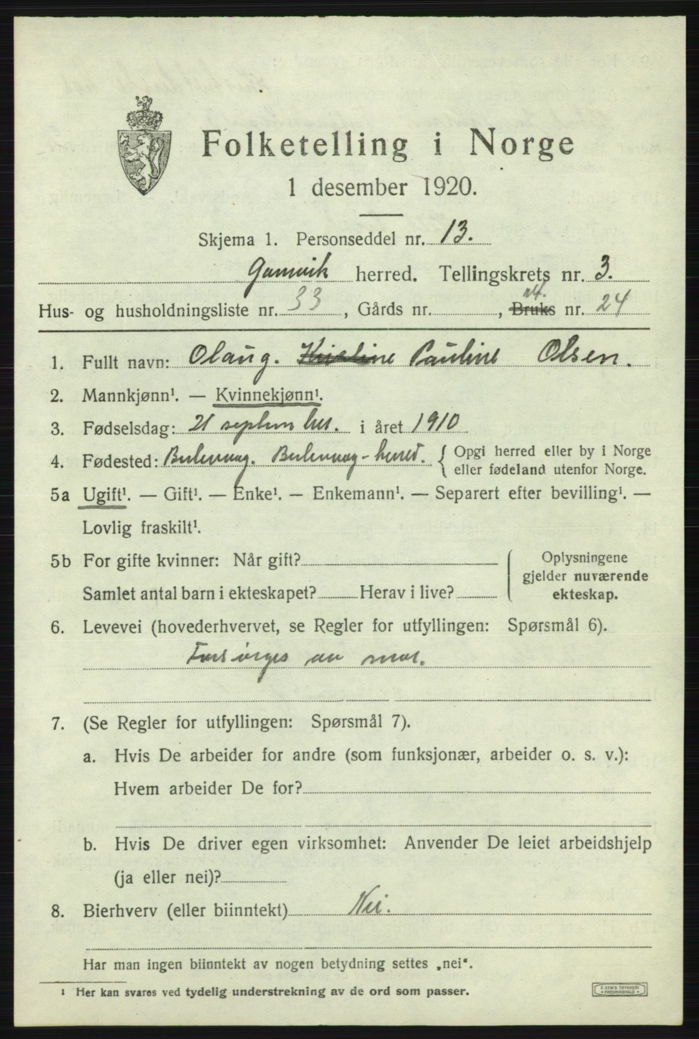 SATØ, 1920 census for Gamvik, 1920, p. 2874