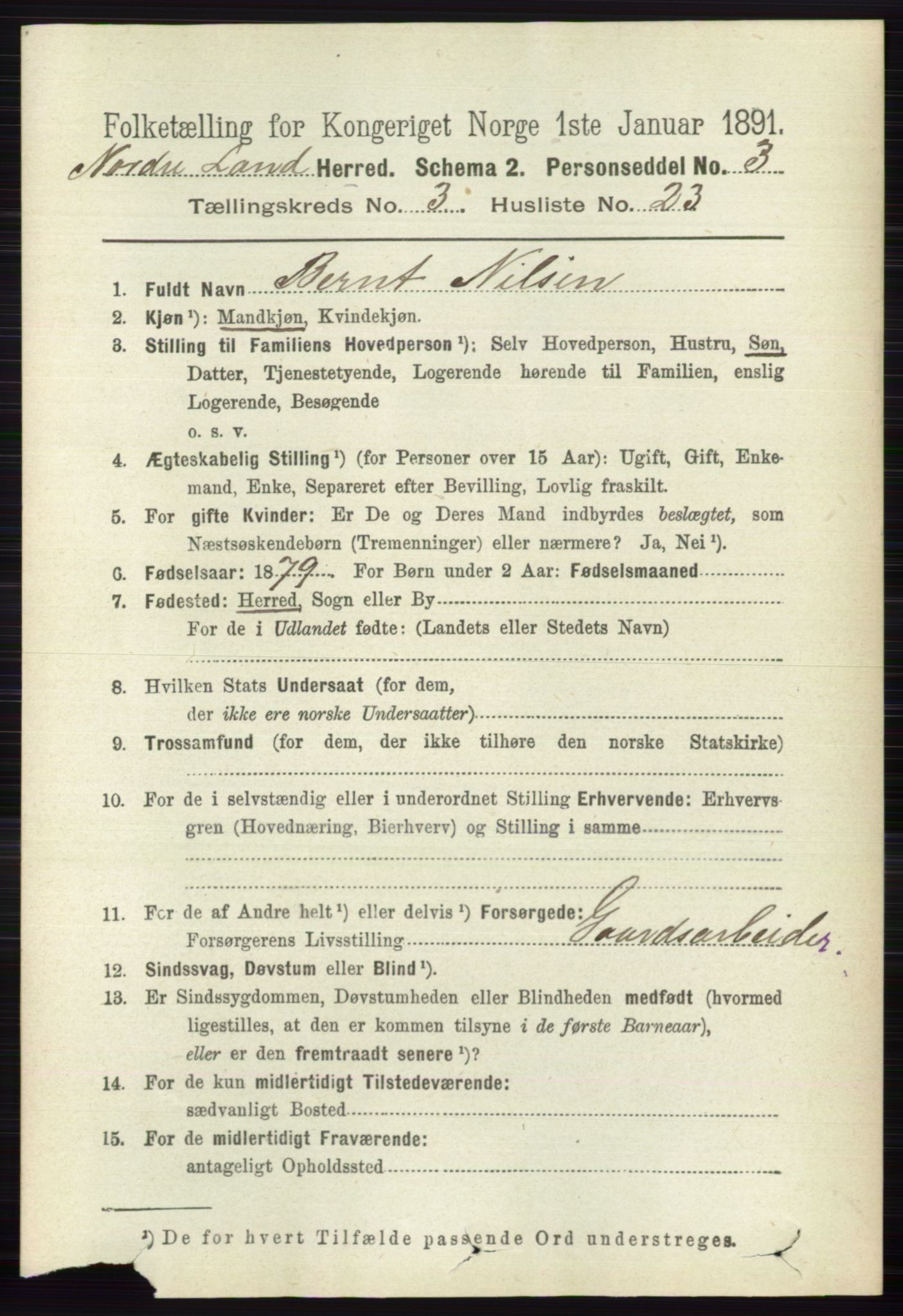 RA, 1891 census for 0538 Nordre Land, 1891, p. 1068