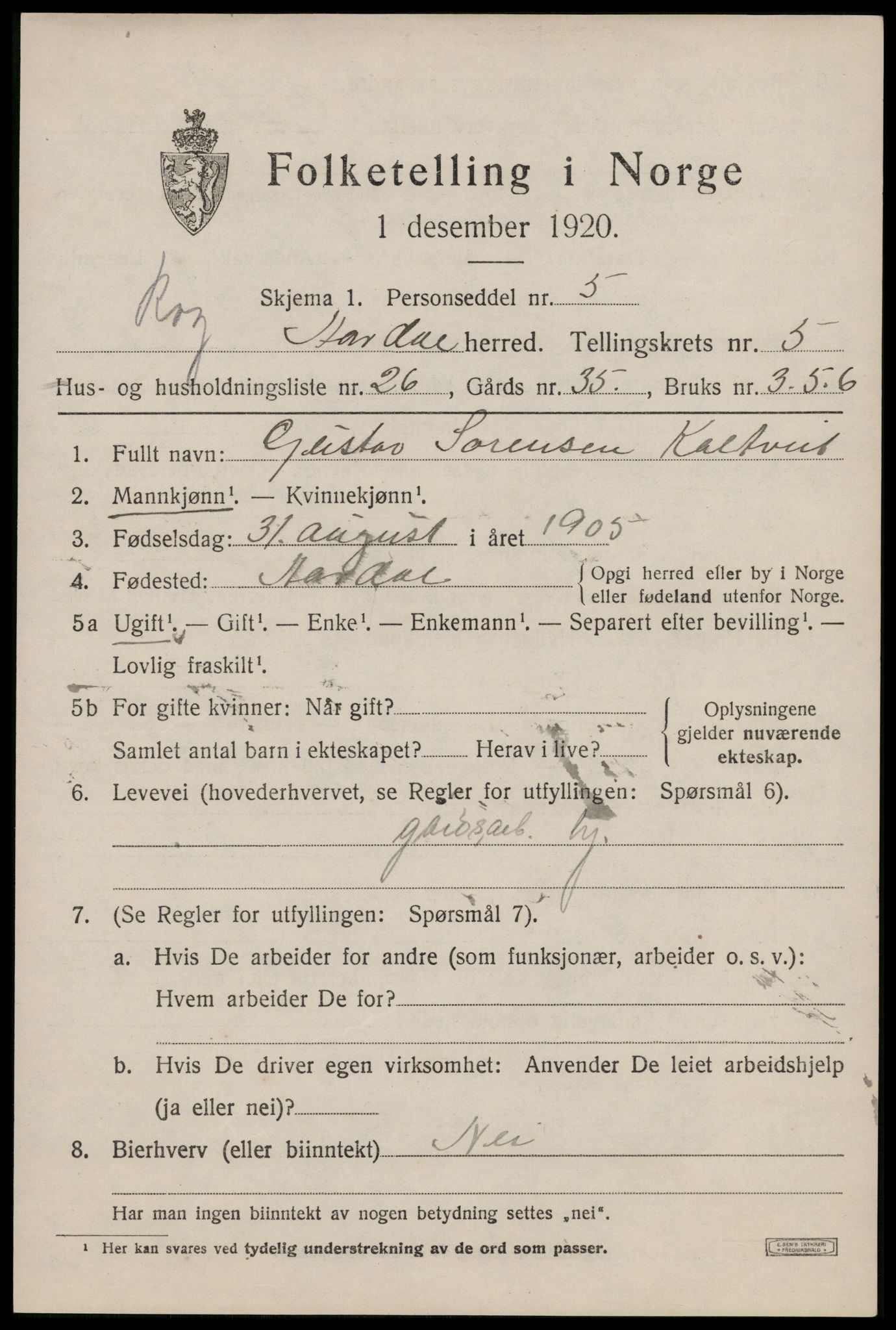 SAST, 1920 census for Årdal, 1920, p. 1744