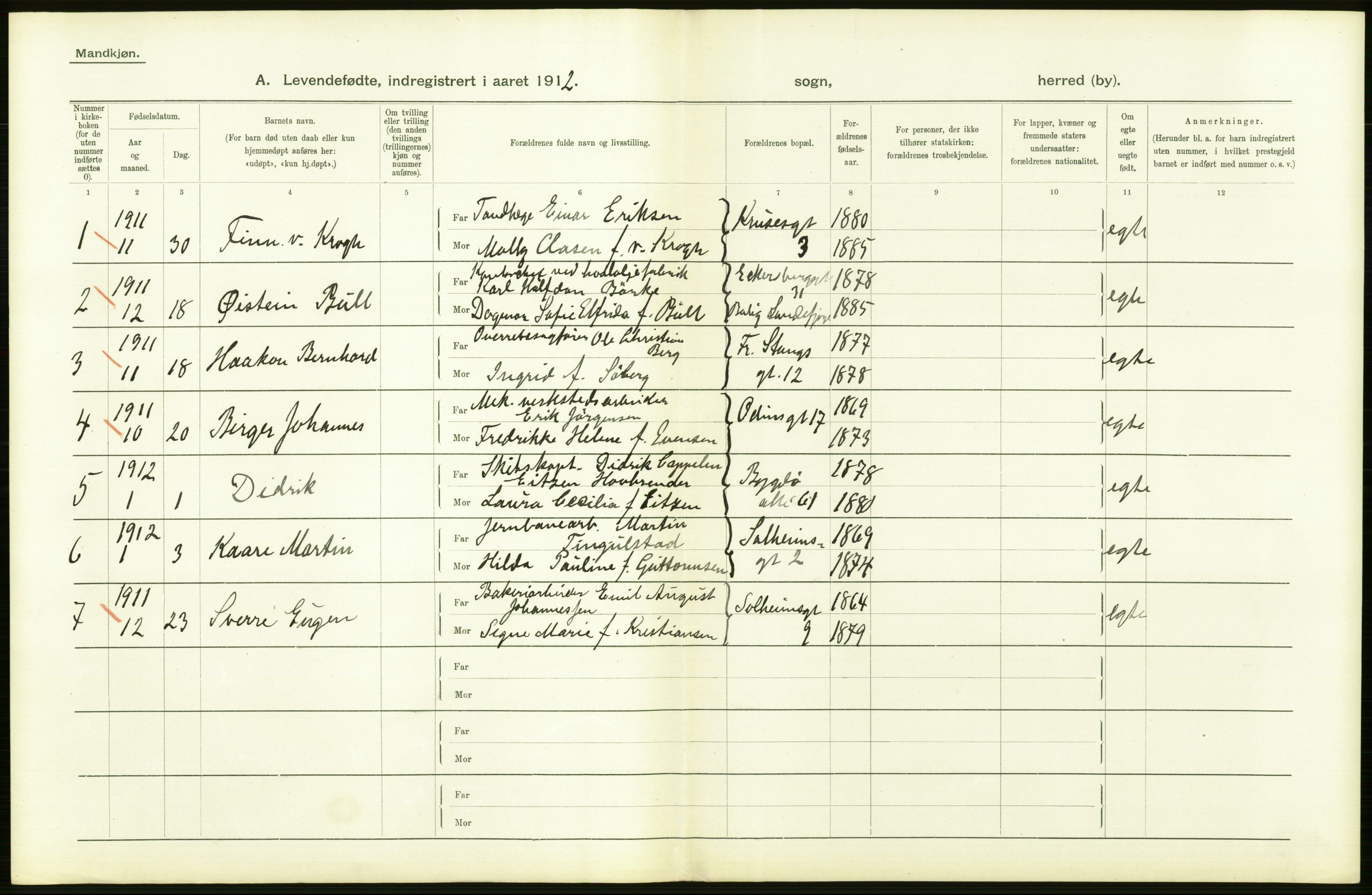 Statistisk sentralbyrå, Sosiodemografiske emner, Befolkning, RA/S-2228/D/Df/Dfb/Dfbb/L0007: Kristiania:  Levendefødte menn og kvinner., 1912, p. 458