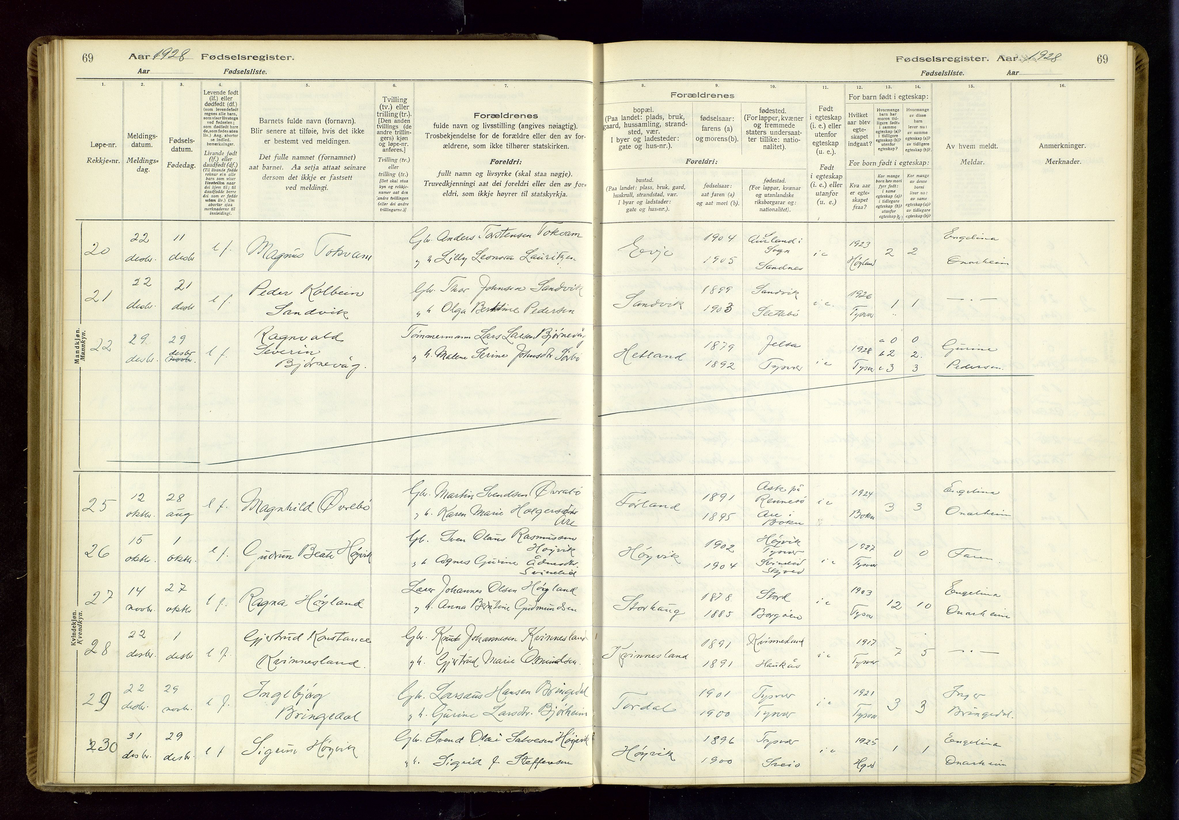 Tysvær sokneprestkontor, SAST/A -101864/I/Id/L0001: Birth register no. 1, 1916-1954, p. 69