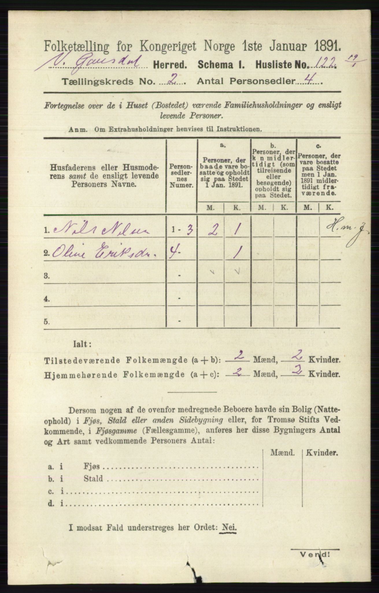 RA, 1891 census for 0523 Vestre Gausdal, 1891, p. 506