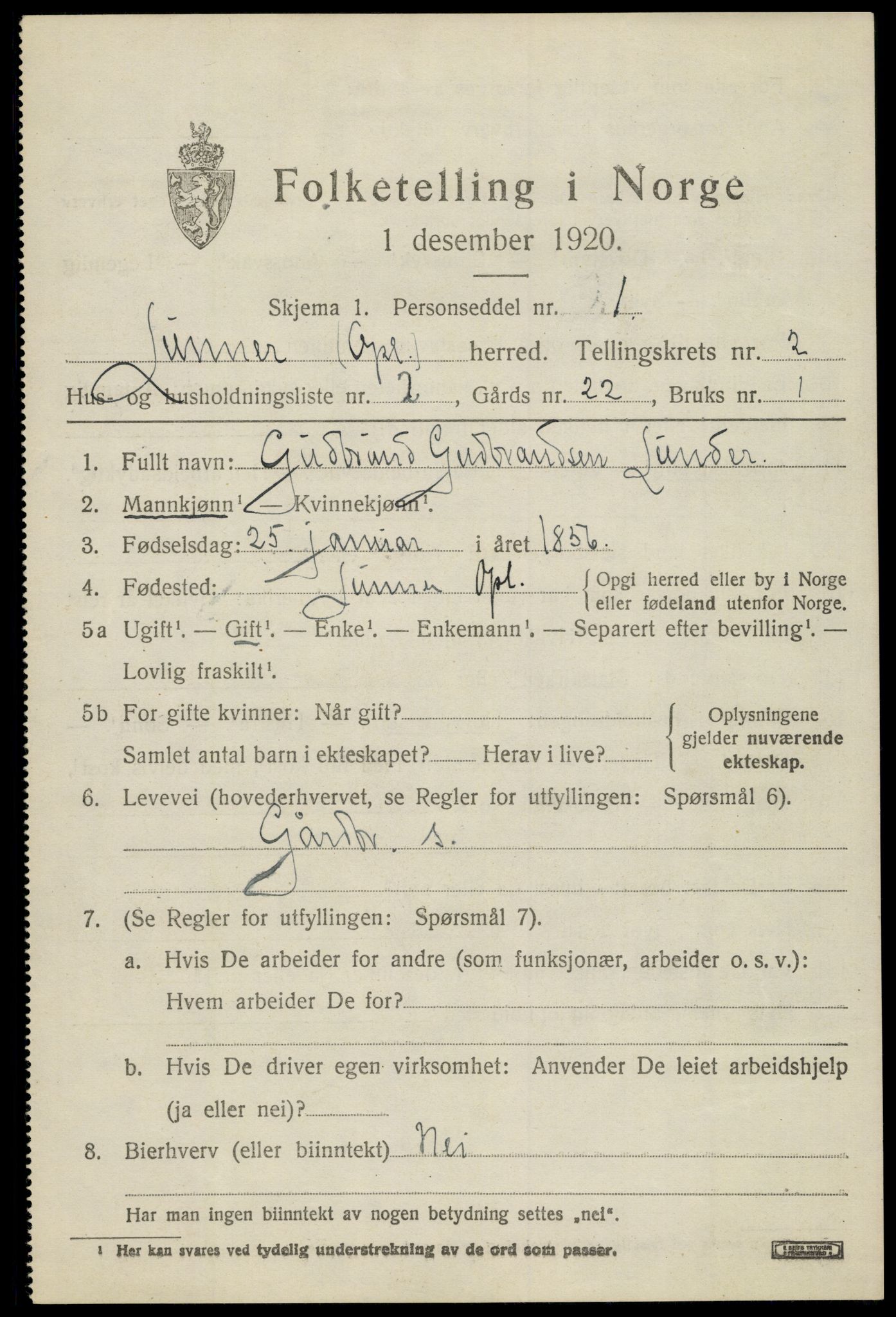 SAH, 1920 census for Lunner, 1920, p. 2871