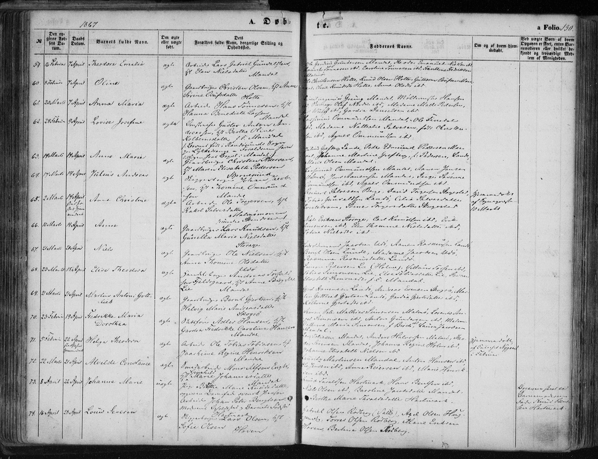 Mandal sokneprestkontor, AV/SAK-1111-0030/F/Fa/Faa/L0014: Parish register (official) no. A 14, 1859-1872, p. 130