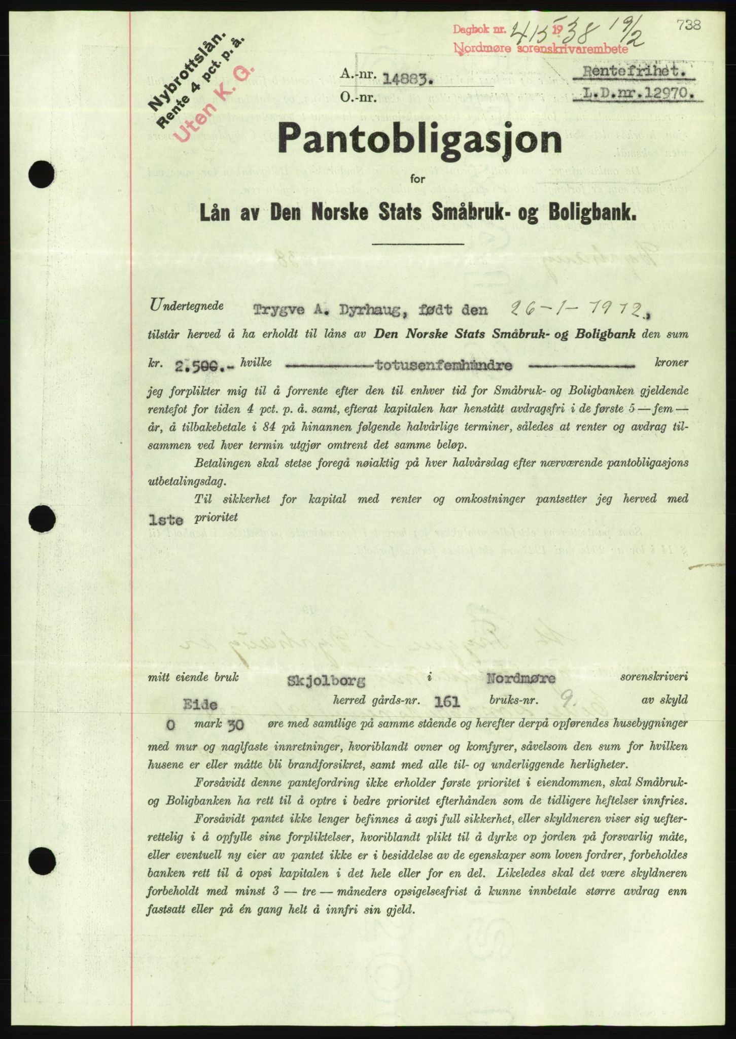 Nordmøre sorenskriveri, AV/SAT-A-4132/1/2/2Ca/L0092: Mortgage book no. B82, 1937-1938, Diary no: : 415/1938