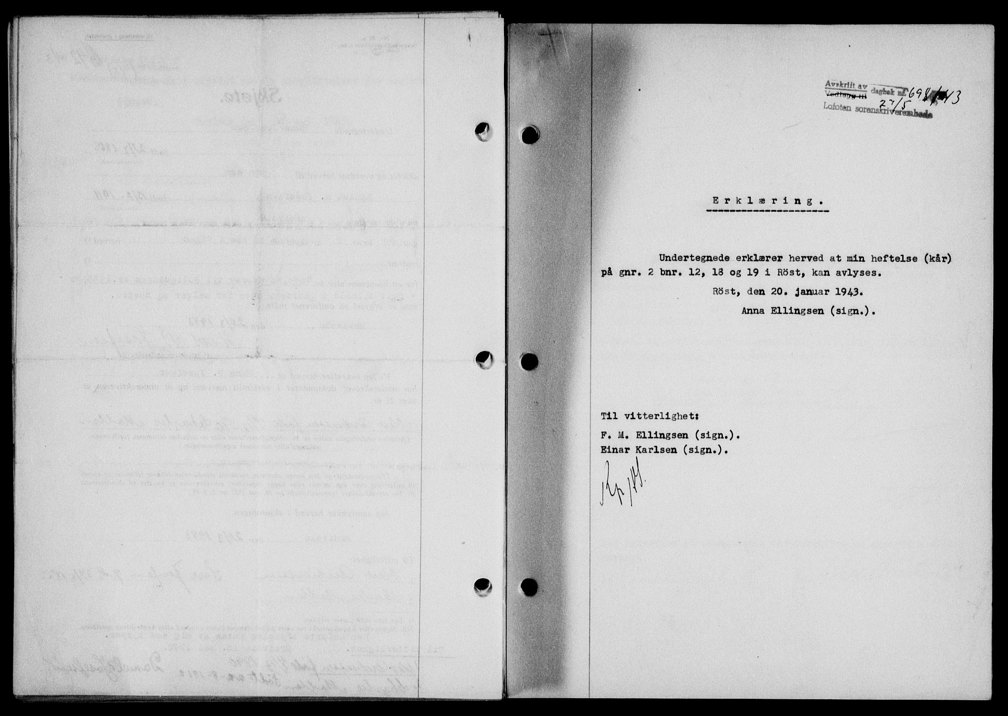 Lofoten sorenskriveri, SAT/A-0017/1/2/2C/L0011a: Mortgage book no. 11a, 1943-1943, Diary no: : 698/1943