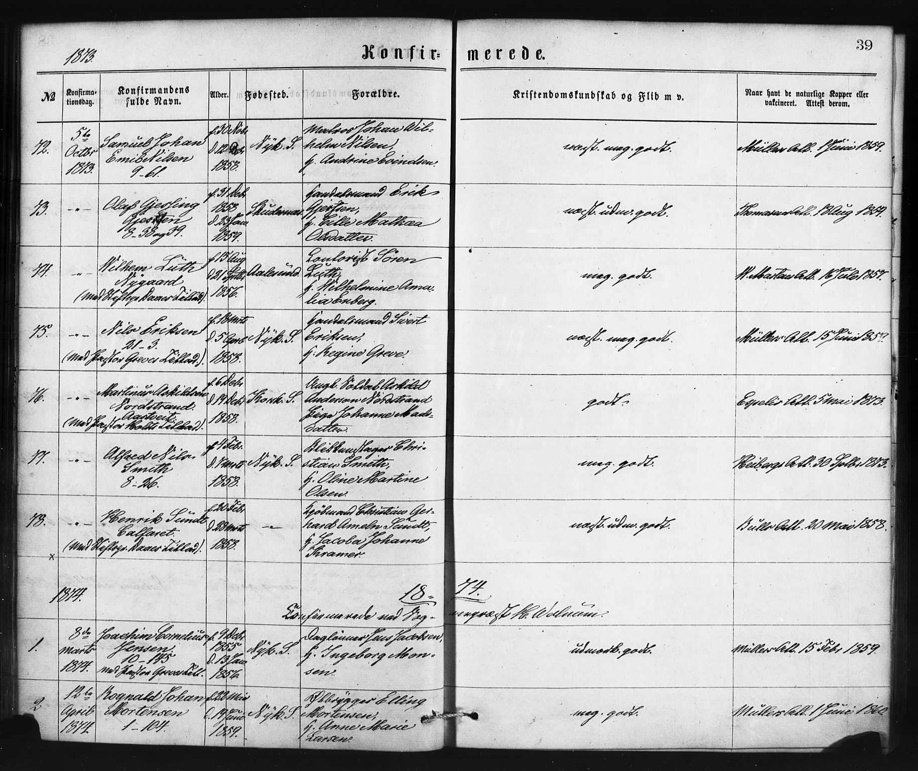 Nykirken Sokneprestembete, SAB/A-77101/H/Haa/L0025: Parish register (official) no. C 4, 1870-1886, p. 39