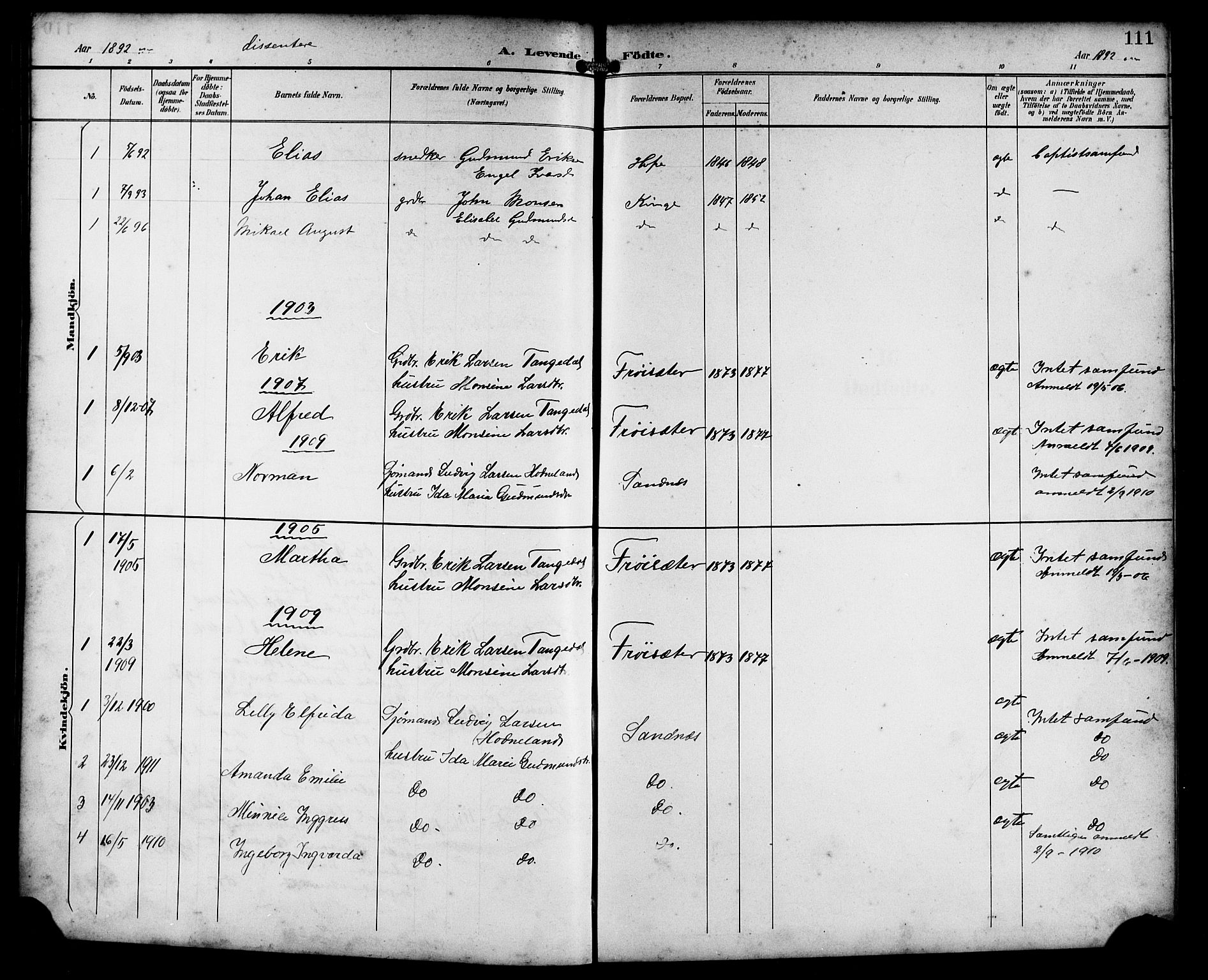 Masfjorden Sokneprestembete, SAB/A-77001: Parish register (copy) no. B 1, 1892-1913, p. 111