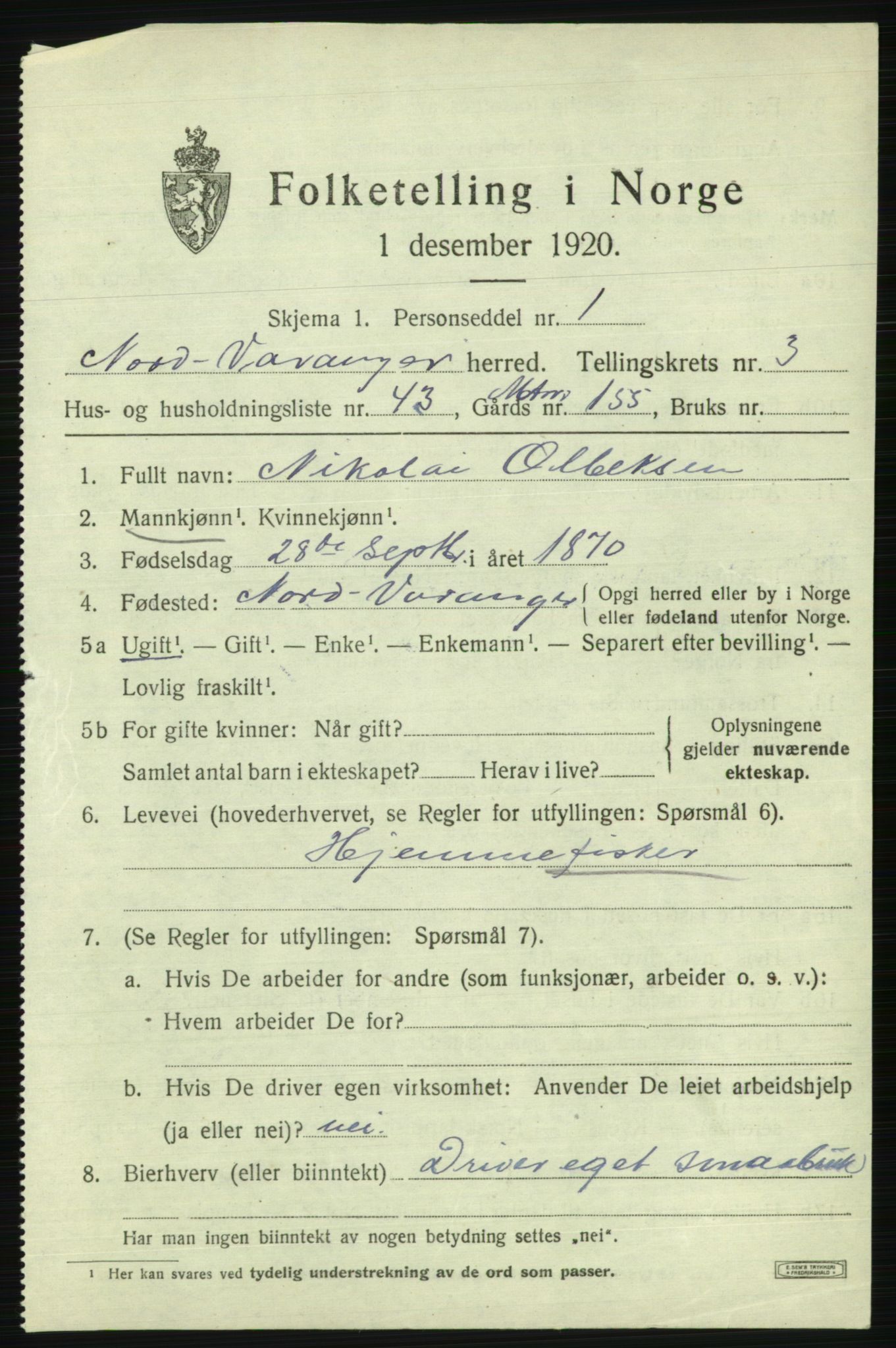 SATØ, 1920 census for Nord-Varanger, 1920, p. 1663