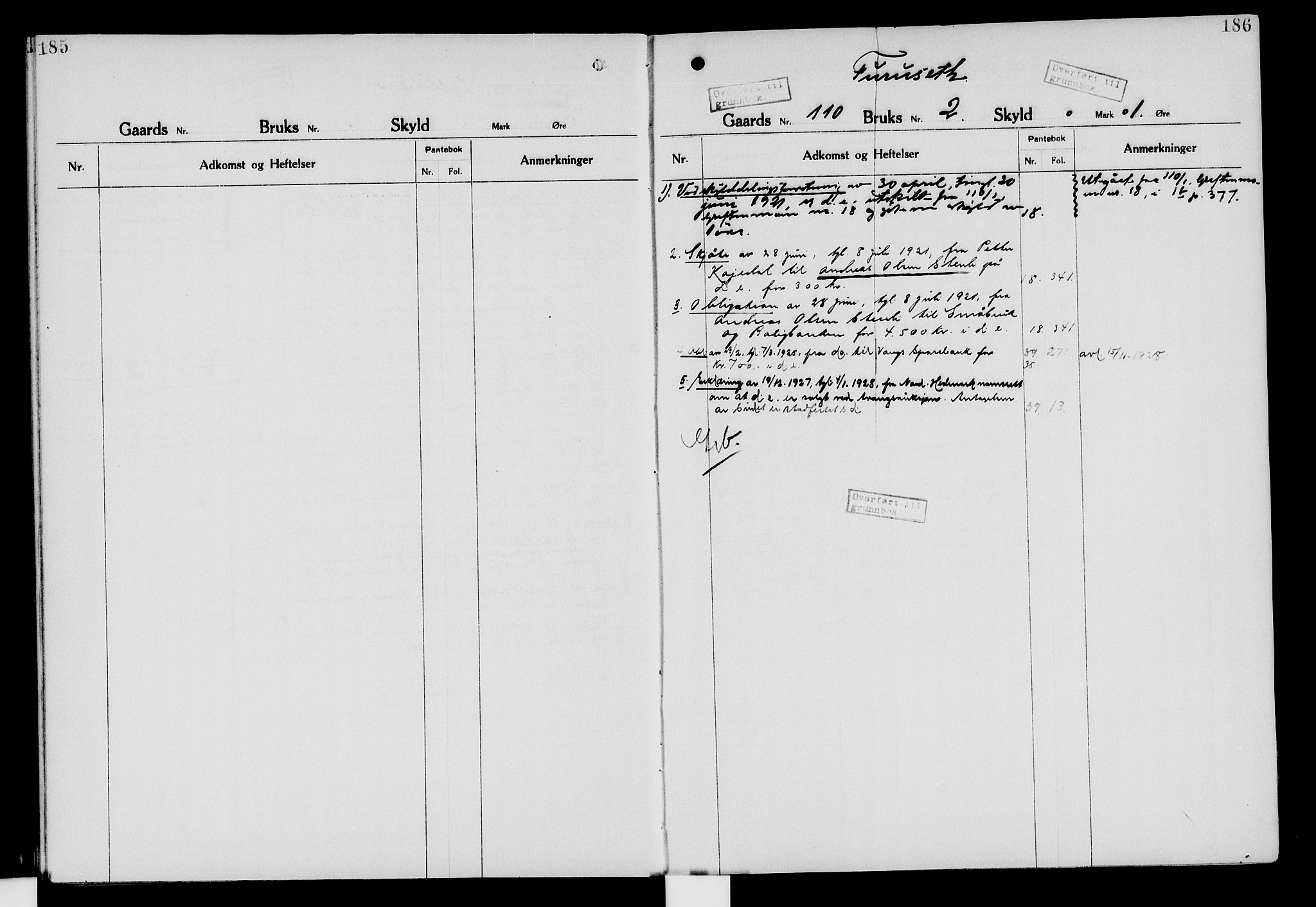 Nord-Hedmark sorenskriveri, SAH/TING-012/H/Ha/Had/Hade/L0006: Mortgage register no. 4.6, 1920-1940, p. 185-186